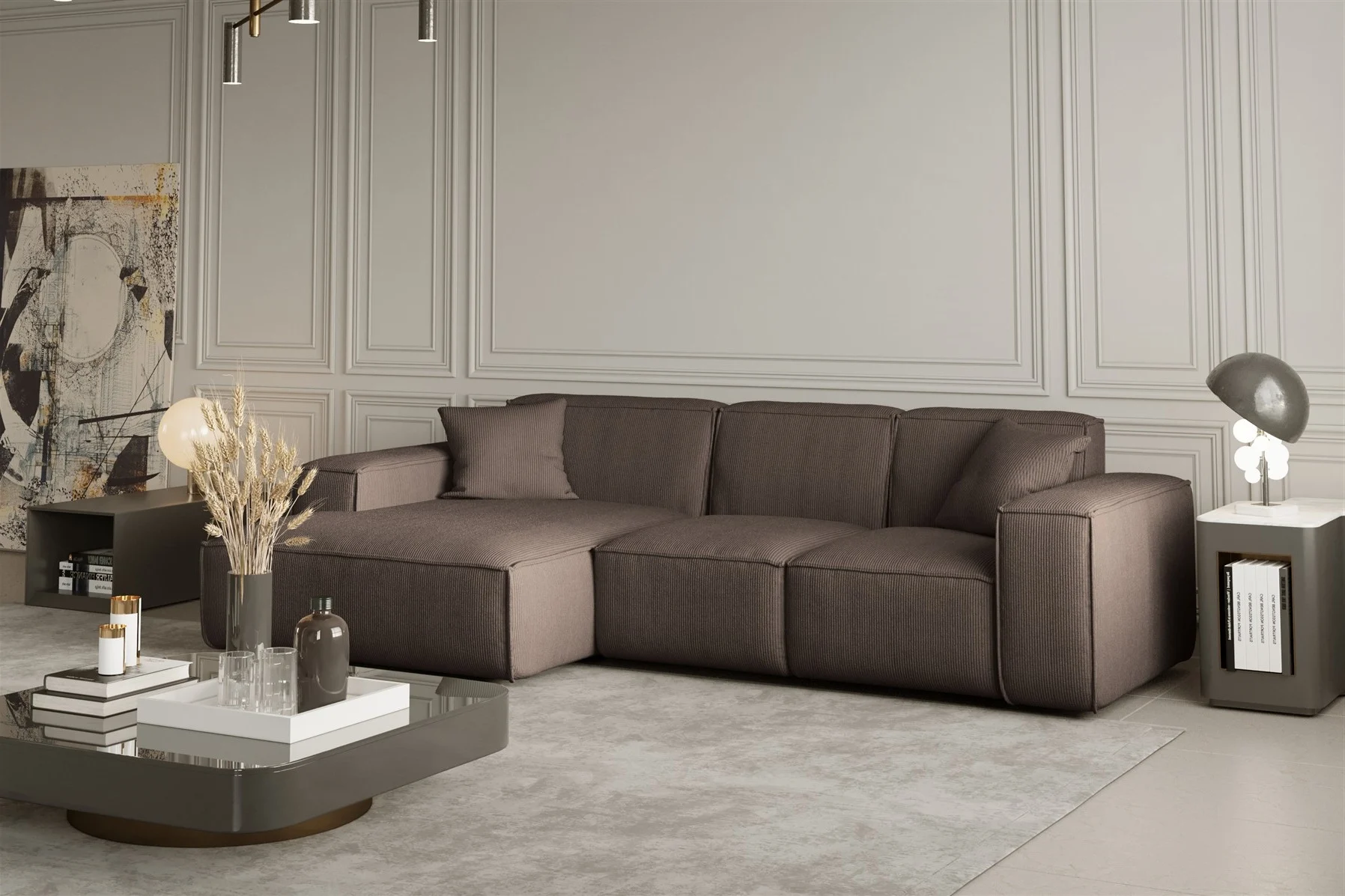 Ecksofa Designersofa CELES in Stoff Scala Taupe Ottomane Links - Fun Moebel