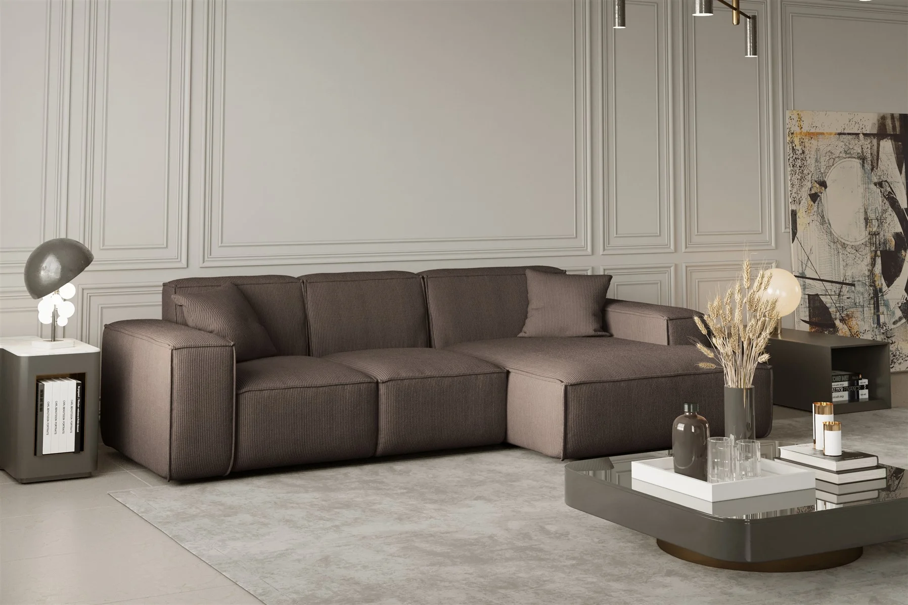 Ecksofa Designersofa CELES in Stoff Scala Taupe Ottomane Rechts - Fun Moebel