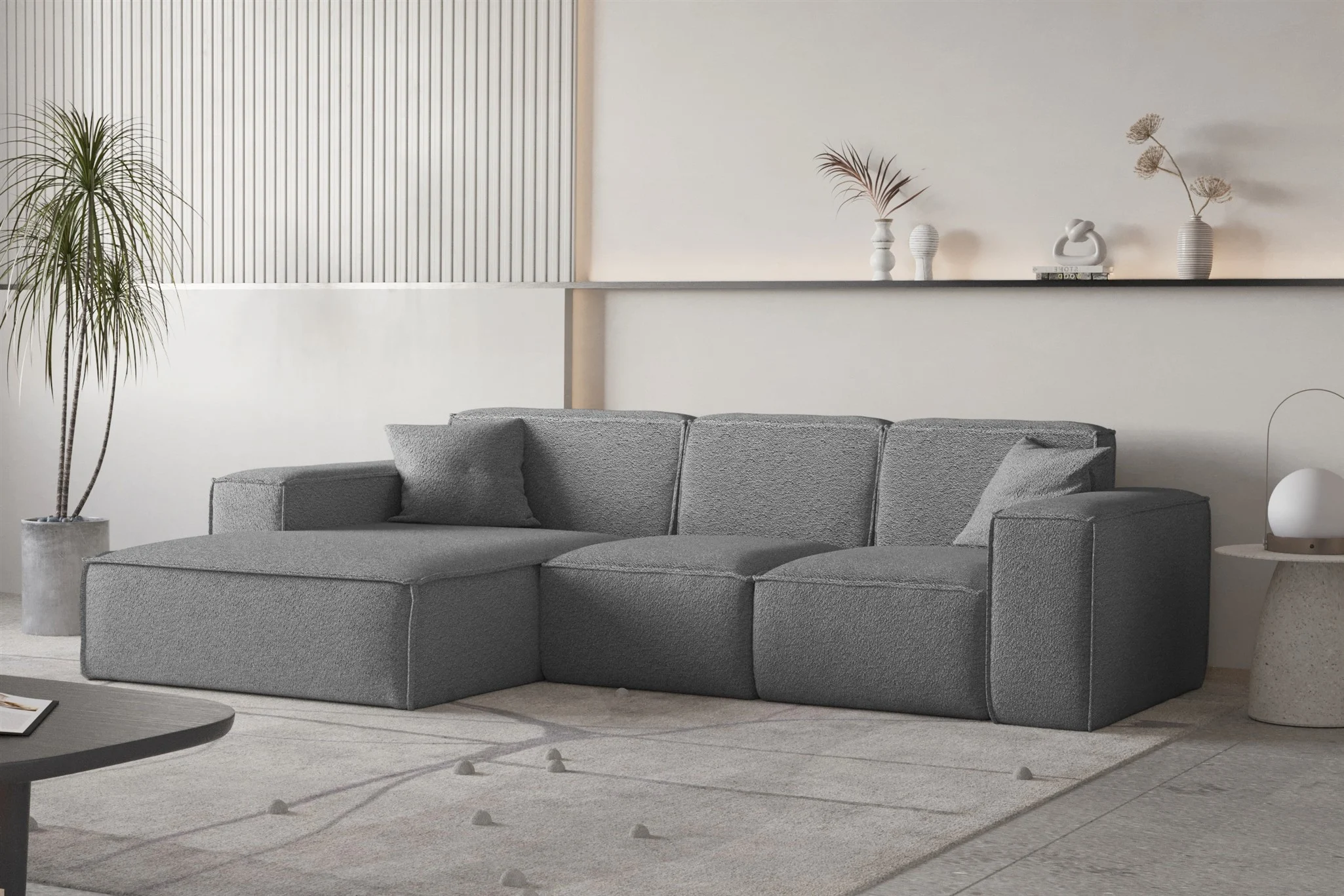 Ecksofa Designersofa CELES PREMIUM Stoff Ascot Bukla Graphit Ottomane Links - Fun Moebel