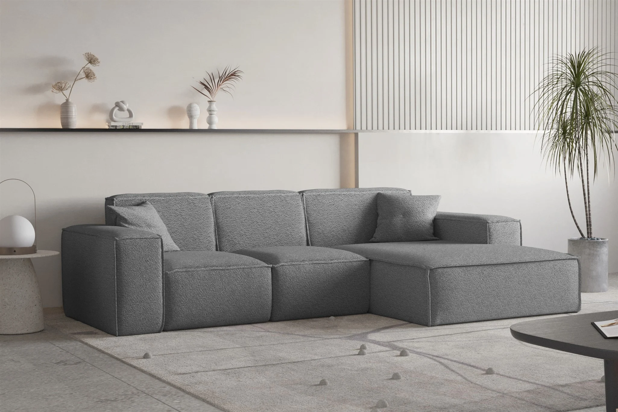 Ecksofa Designersofa CELES PREMIUM Stoff Ascot Bukla Graphit Ottomane Rechts - Fun Moebel