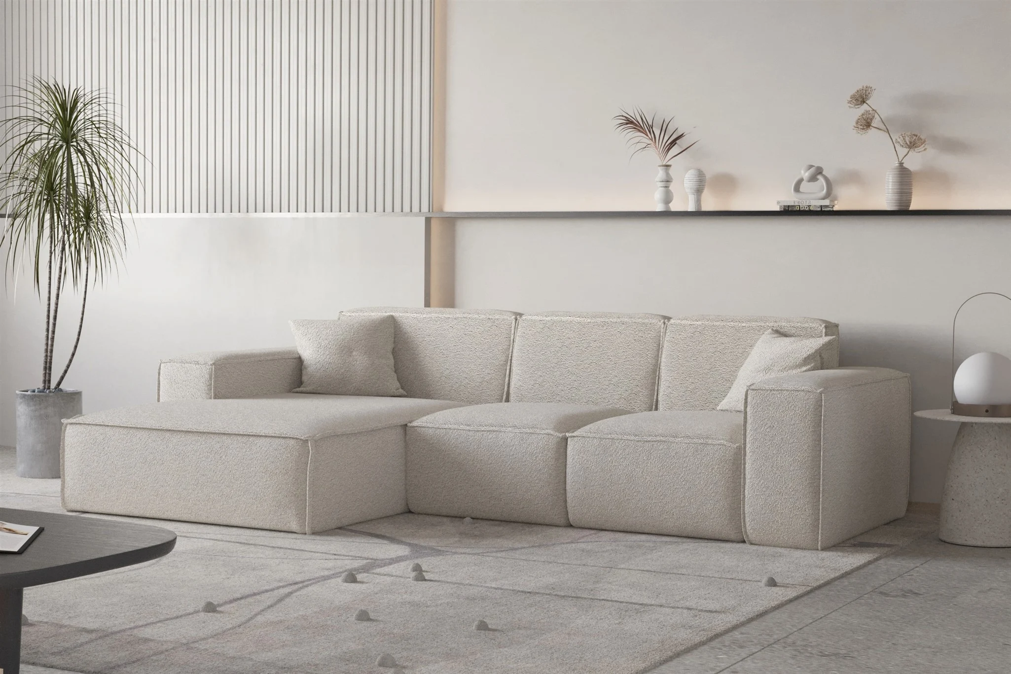 Ecksofa Designersofa CELES PREMIUM Stoff Ascot Bukla Beige Ottomane Links - Fun Moebel