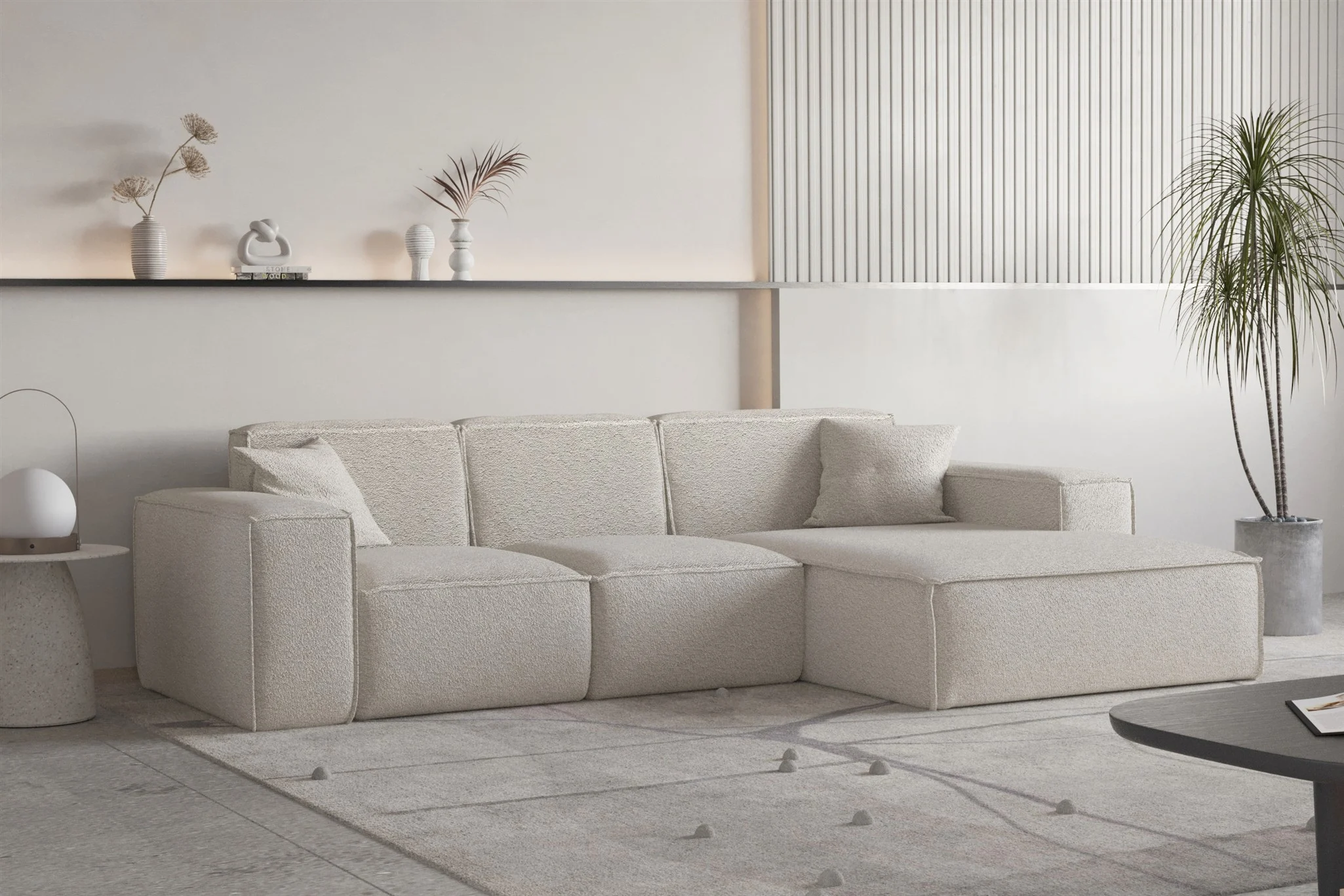 Ecksofa Designersofa CELES PREMIUM Stoff Ascot Bukla Beige Ottomane Rechts - Fun Moebel