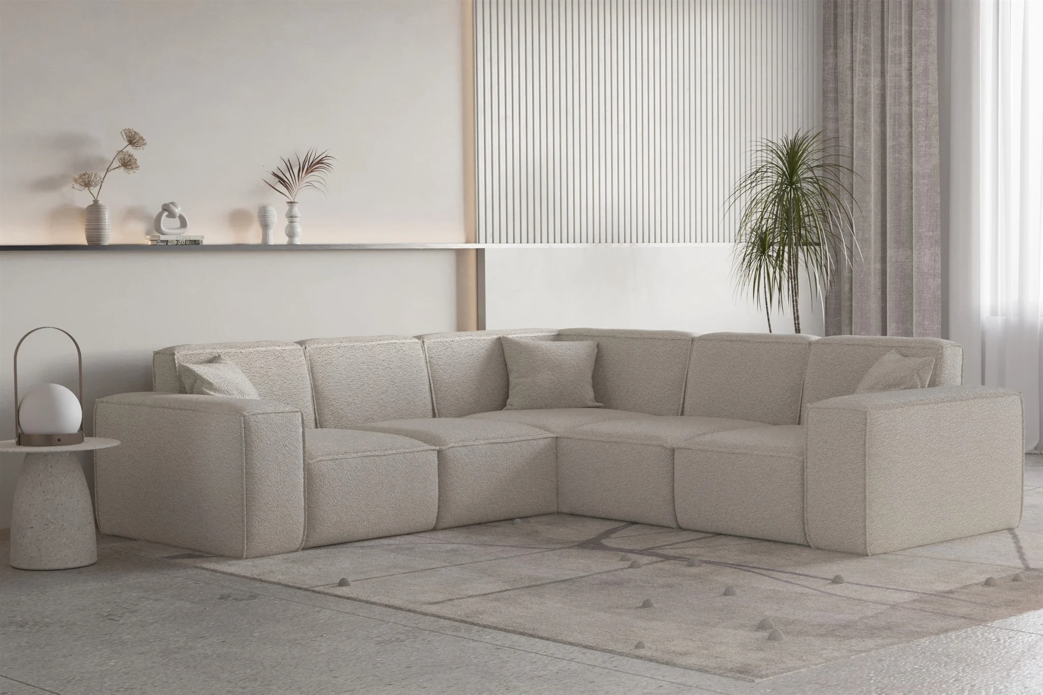 Ecksofa Designersofa CELES PREMIUM Stoff Ascot Bukla Beige Seite Universal - Fun Moebel