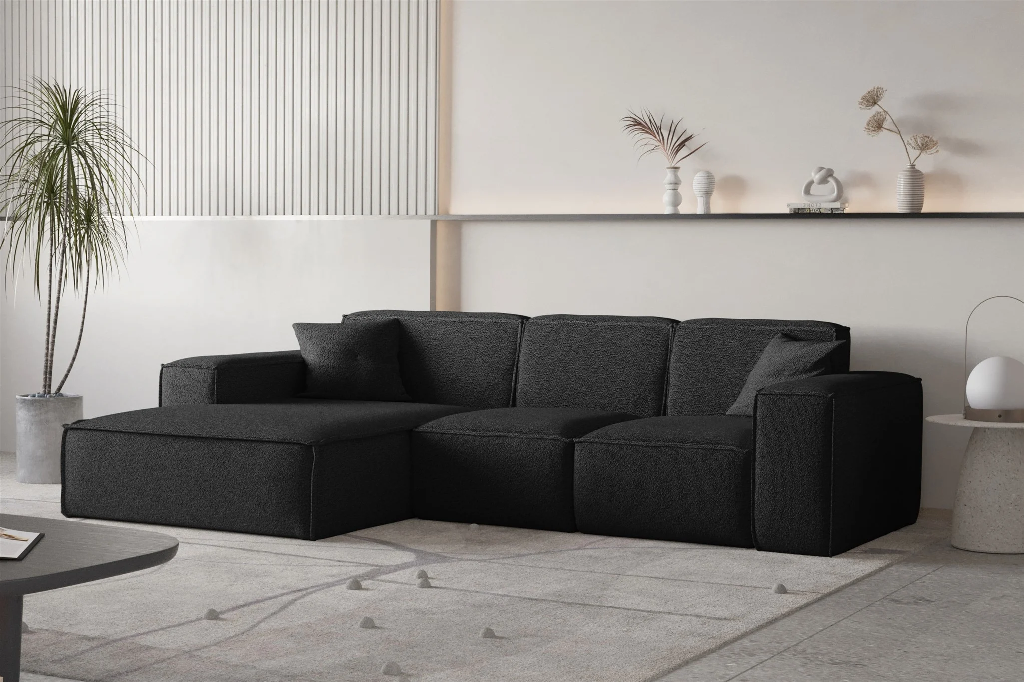 Ecksofa Designersofa CELES PREMIUM Stoff Ascot Bukla Schwarz Ottomane Links - Fun Moebel