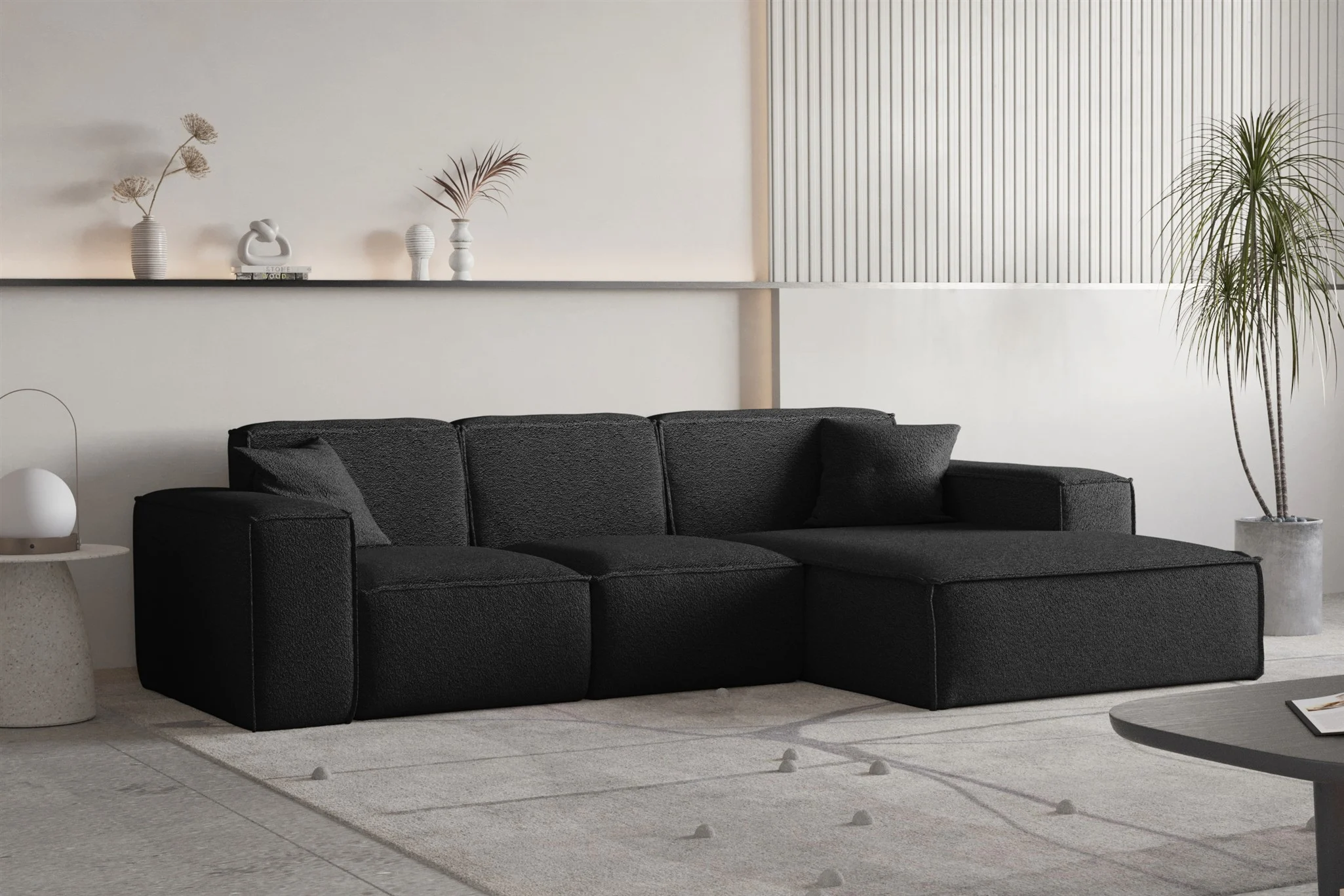 Ecksofa Designersofa CELES PREMIUM Stoff Ascot Bukla Schwarz Ottomane Rechts - Fun Moebel