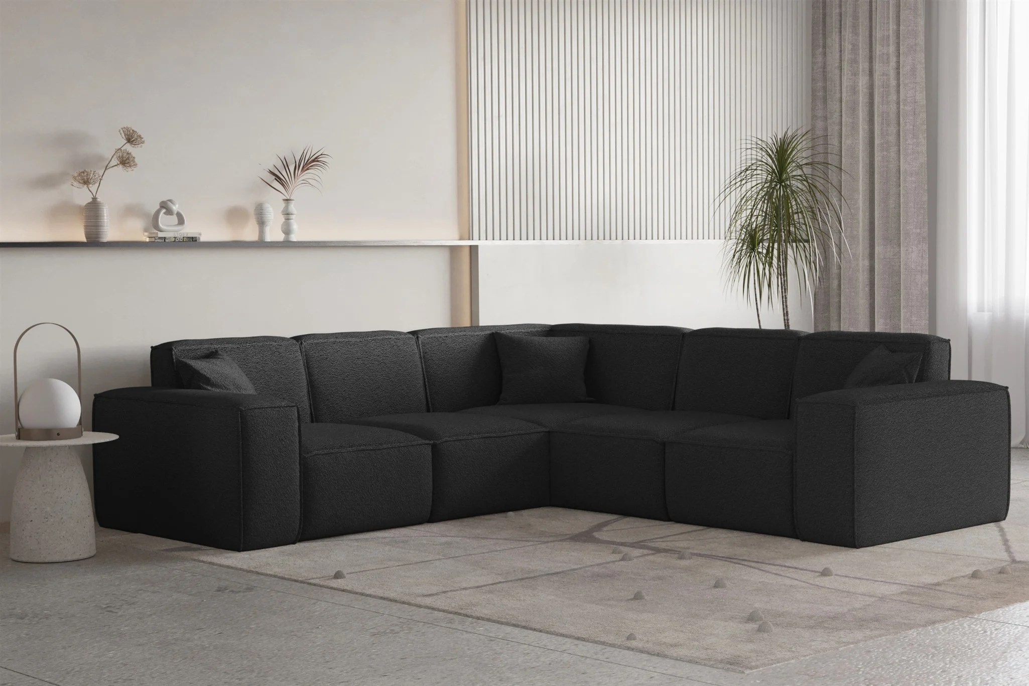 Ecksofa Designersofa CELES PREMIUM Stoff Ascot Bukla Schwarz Seite Universal - Fun Moebel