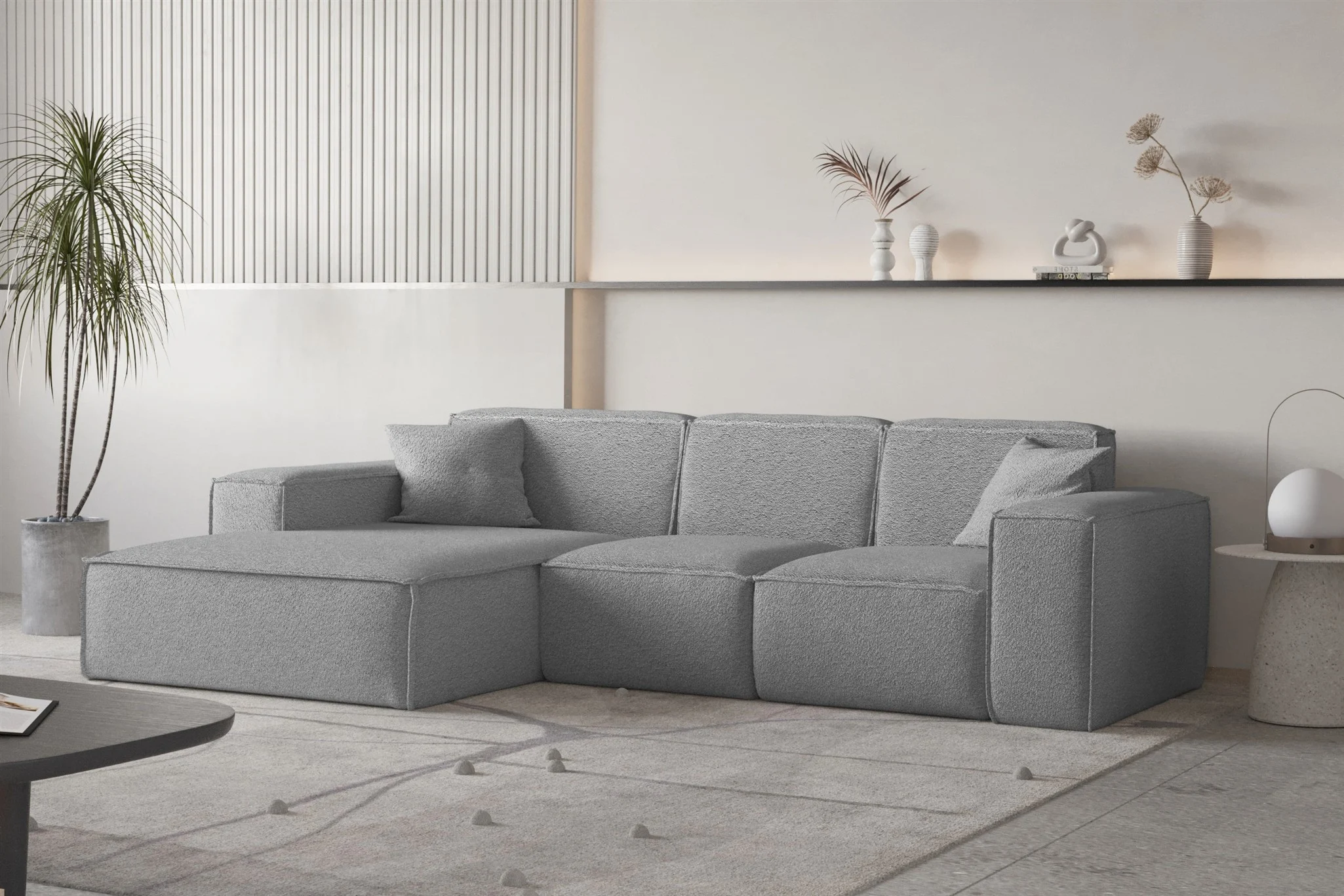 Ecksofa Designersofa CELES PREMIUM Stoff Ascot Bukla Grau Ottomane Links - Fun Moebel