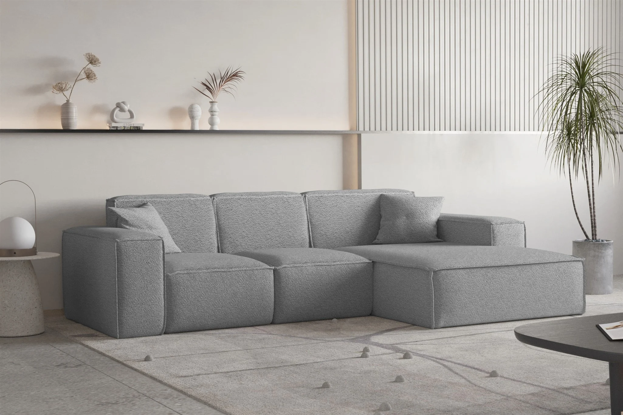 Ecksofa Designersofa CELES PREMIUM Stoff Ascot Bukla Grau Ottomane Rechts - Fun Moebel