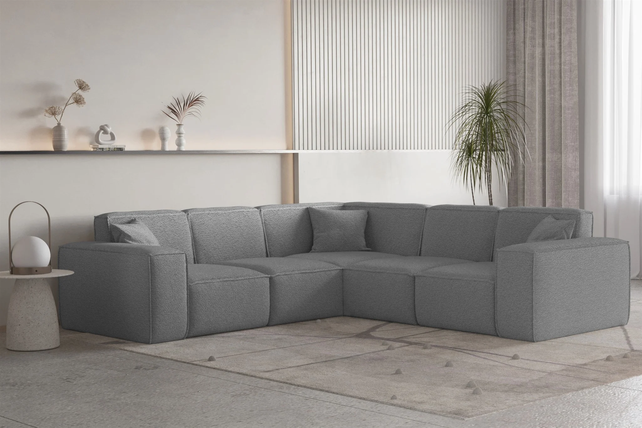 Ecksofa Designersofa CELES PREMIUM Stoff Ascot Bukla Grau Seite Universal - Fun Moebel