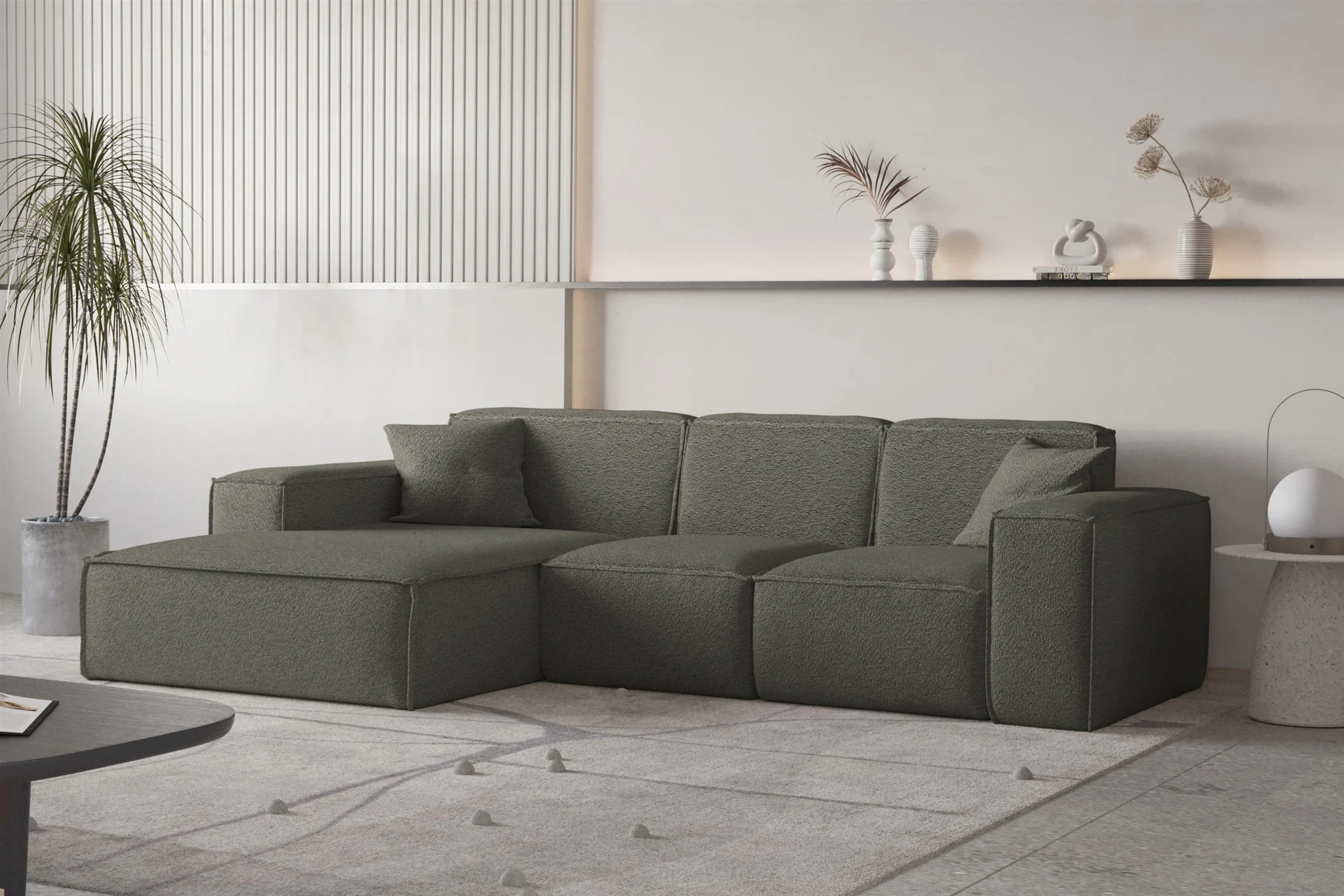 Ecksofa Designersofa CELES PREMIUM Stoff Ascot Bukla Moosgrün Ottomane Links - Fun Moebel