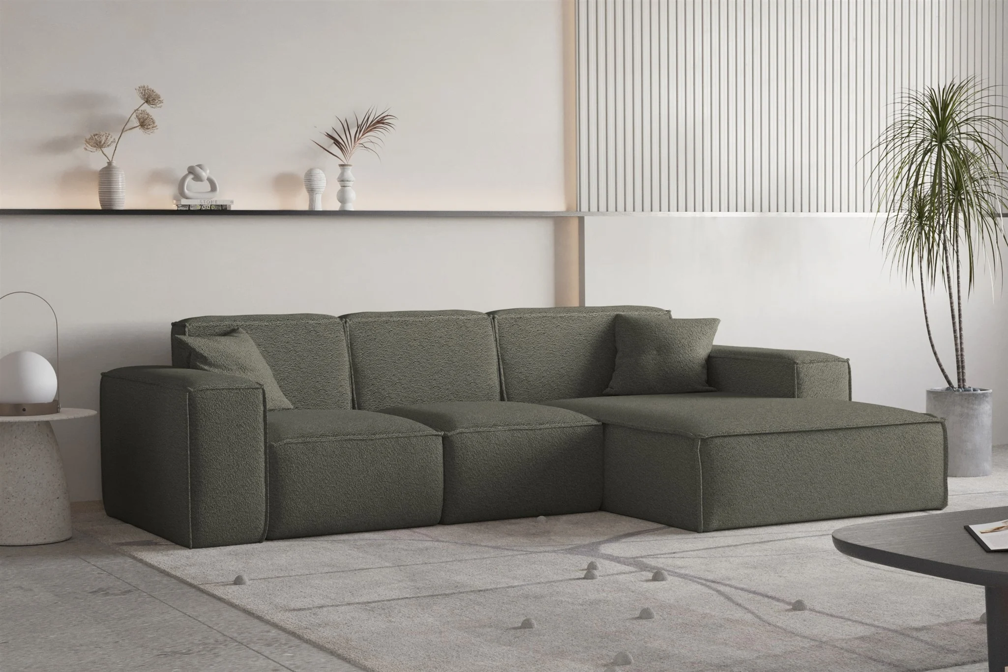 Ecksofa Designersofa CELES PREMIUM Stoff Ascot Bukla Moosgrün Ottomane Rechts - Fun Moebel