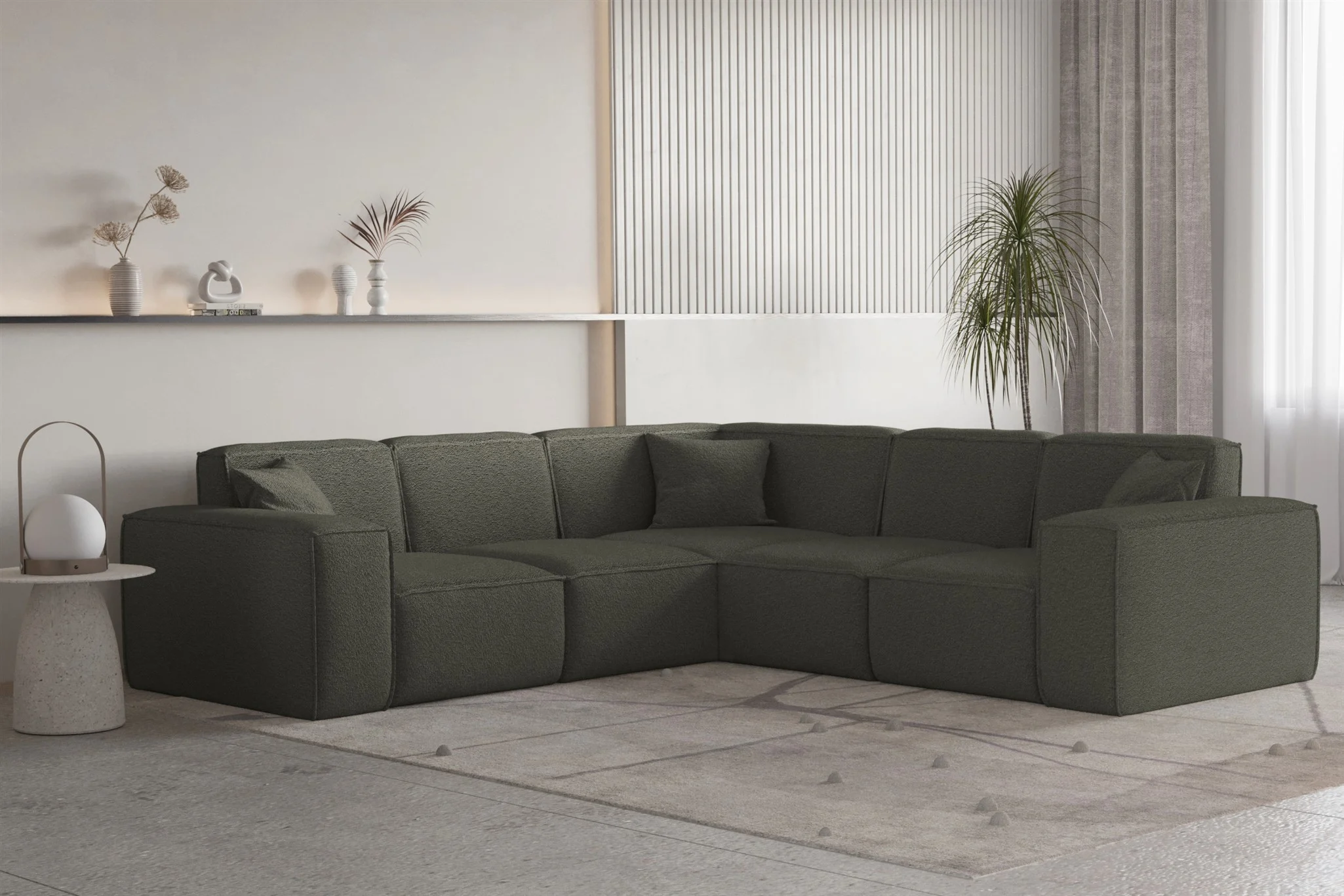 Ecksofa Designersofa CELES PREMIUM Stoff Ascot Bukla Moosgrün Seite Universal - Fun Moebel
