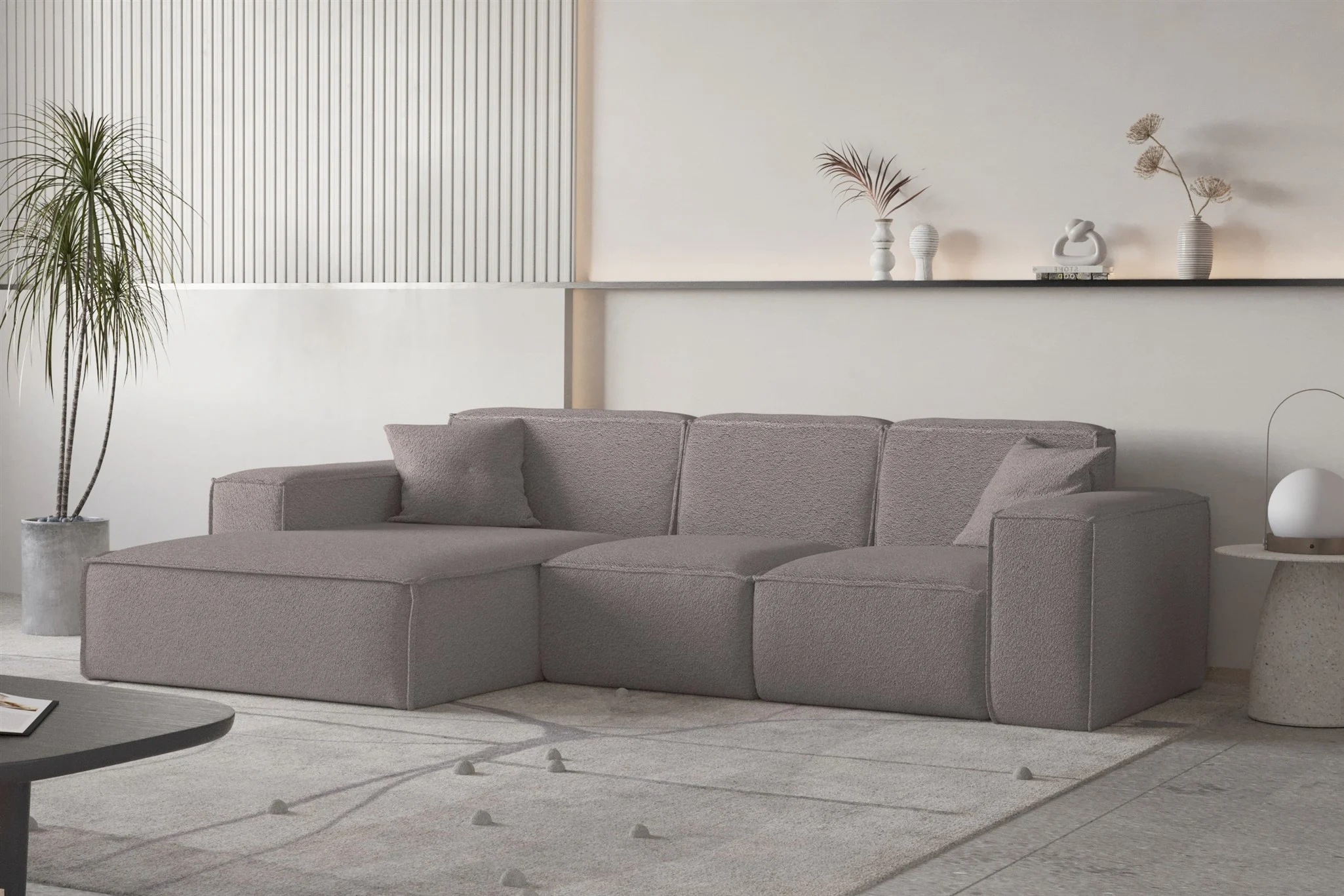 Ecksofa Designersofa CELES PREMIUM Stoff Ascot Bukla Taupe Ottomane Links - Fun Moebel
