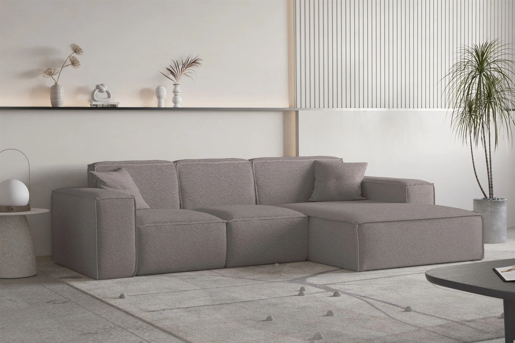 Ecksofa Designersofa CELES PREMIUM Stoff Ascot Bukla Taupe Ottomane Rechts - Fun Moebel