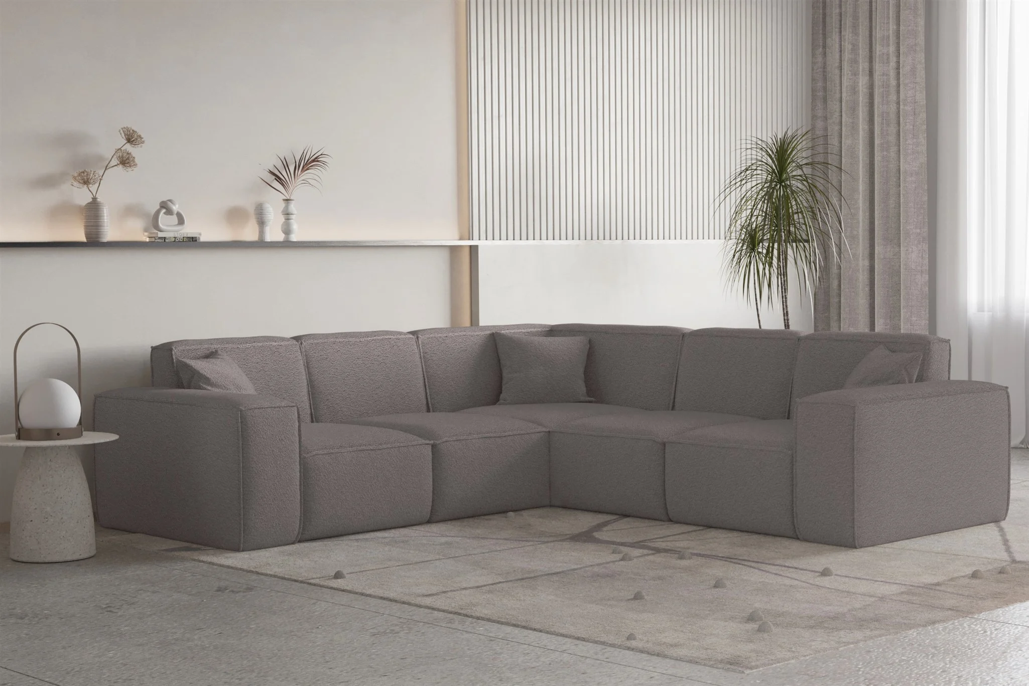 Ecksofa Designersofa CELES PREMIUM Stoff Ascot Bukla Taupe Seite Universal - Fun Moebel