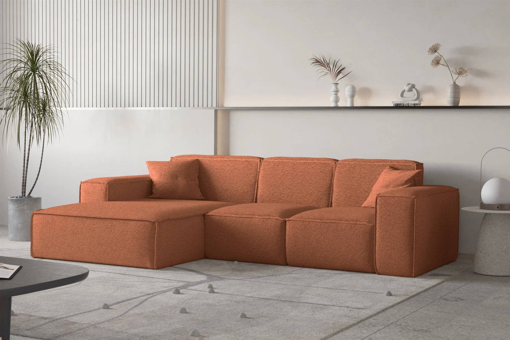 Ecksofa Designersofa CELES PREMIUM Stoff Ascot Bukla Terracotta Ottomane Links - Fun Moebel