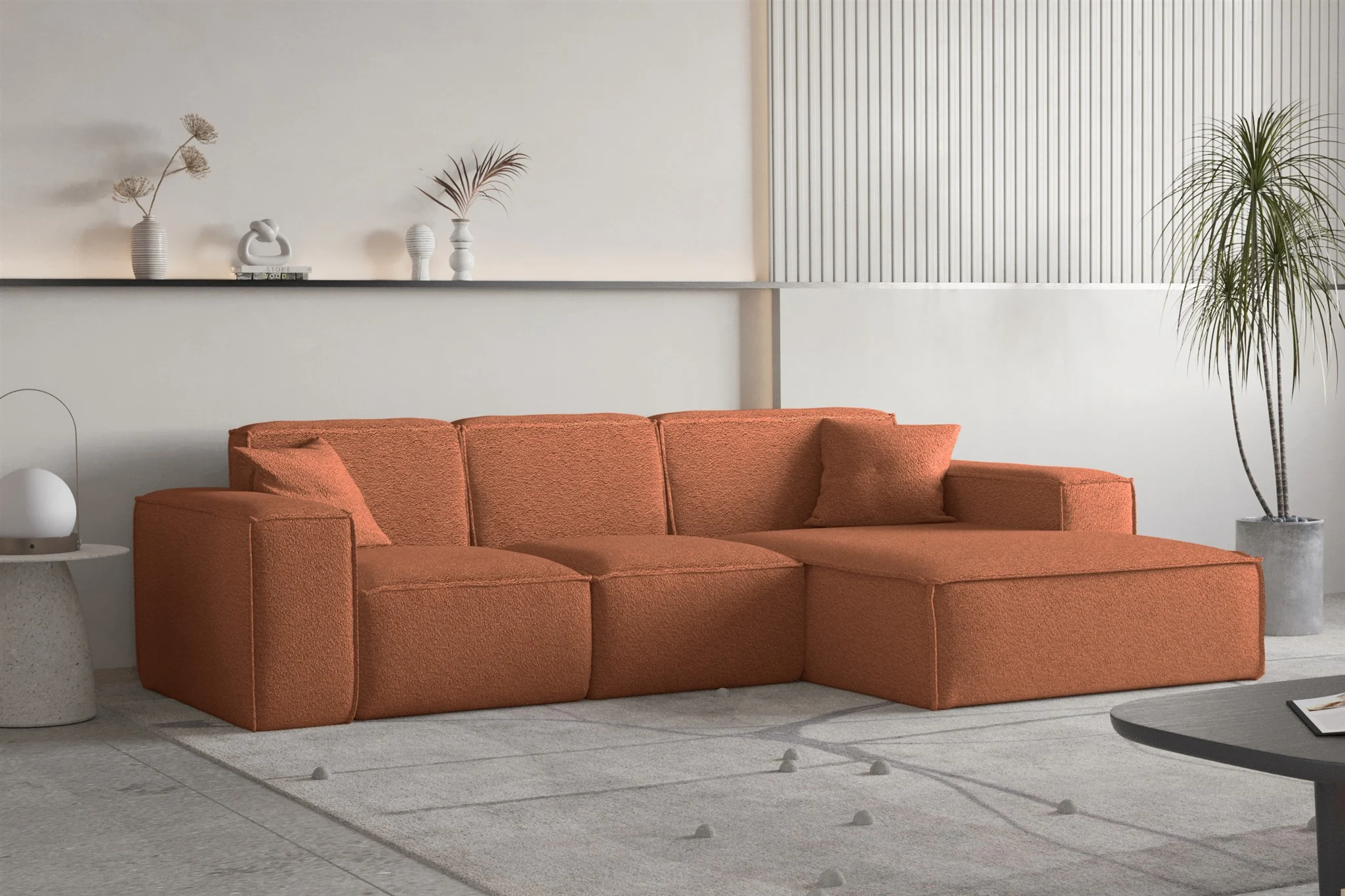 Ecksofa Designersofa CELES PREMIUM Stoff Ascot Bukla Terracotta Ottomane Rechts - Fun Moebel