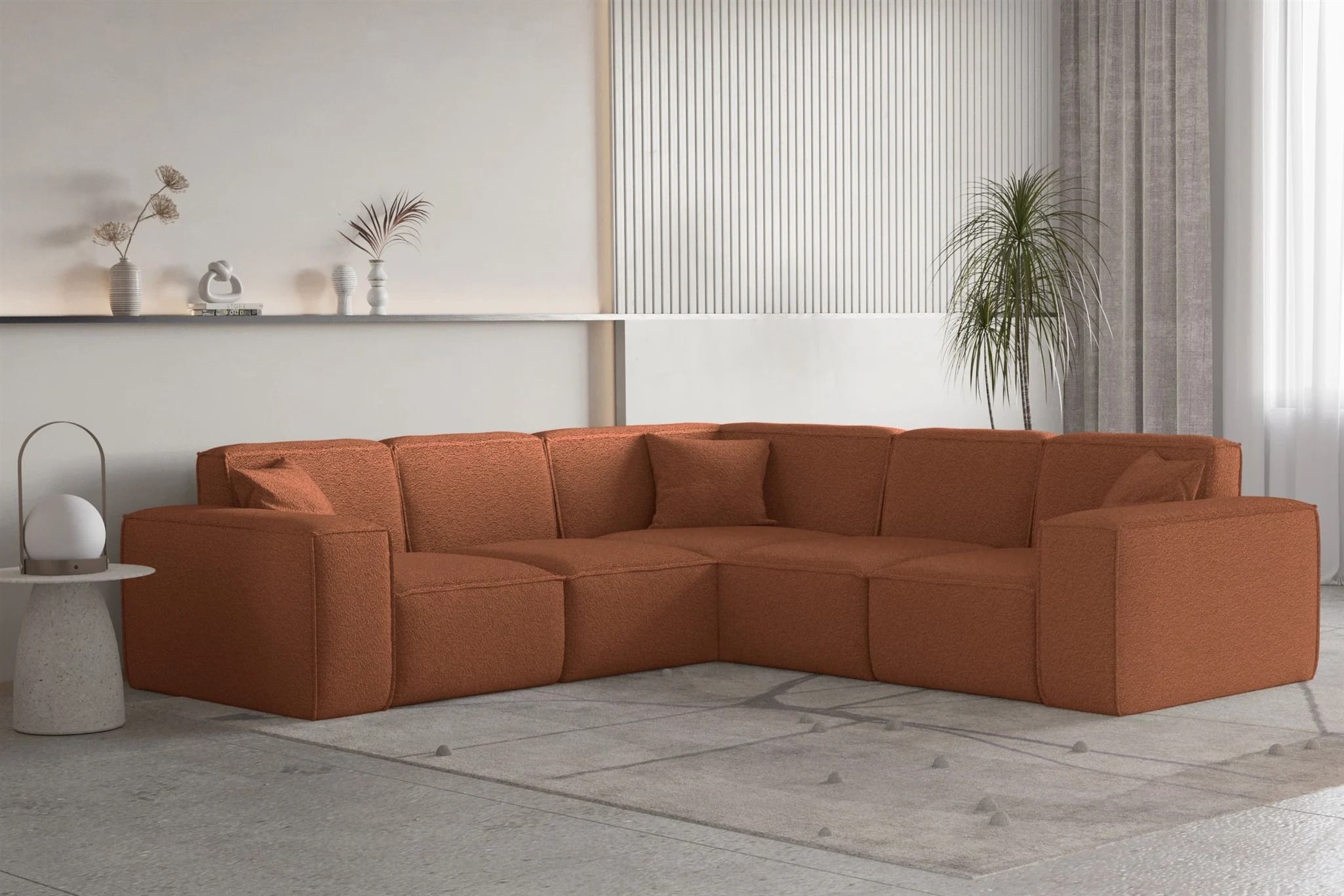 Ecksofa Designersofa CELES PREMIUM Stoff Ascot Bukla Terracotta Seite Universal - Fun Moebel