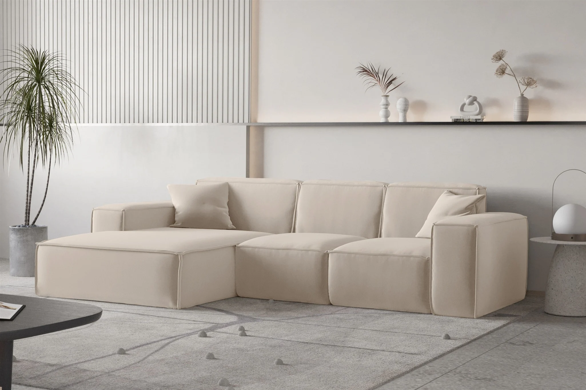 Ecksofa Designersofa CELES PREMIUM Stoff Opera Velvet Sand Ottomane Links - Fun Moebel
