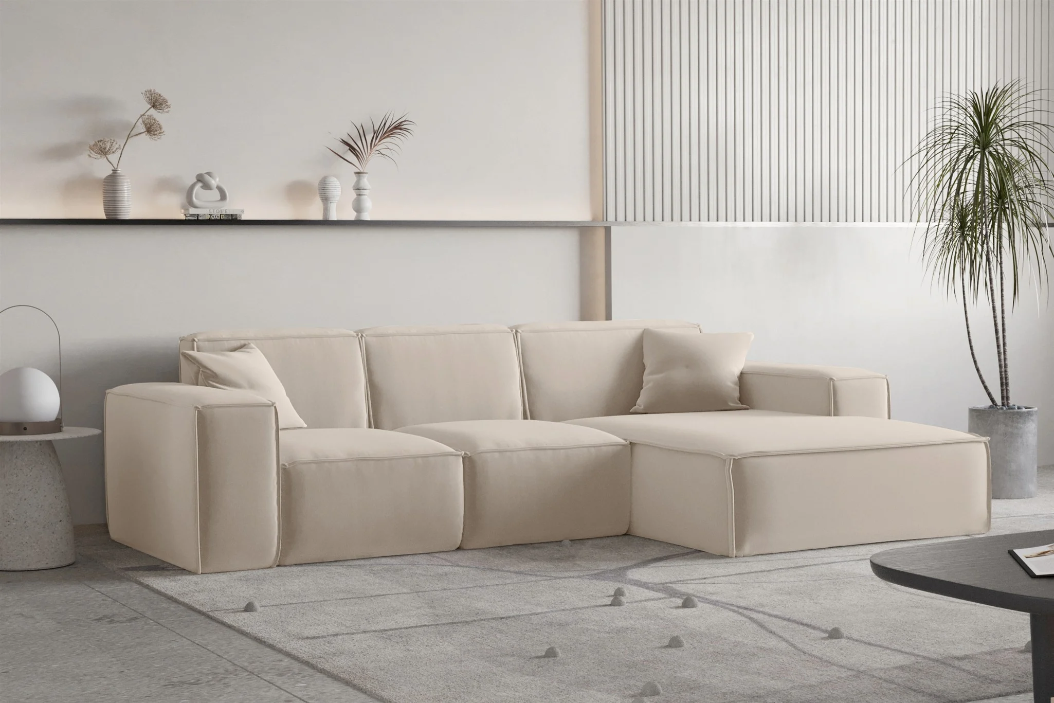 Ecksofa Designersofa CELES PREMIUM Stoff Opera Velvet Sand Ottomane Rechts - Fun Moebel
