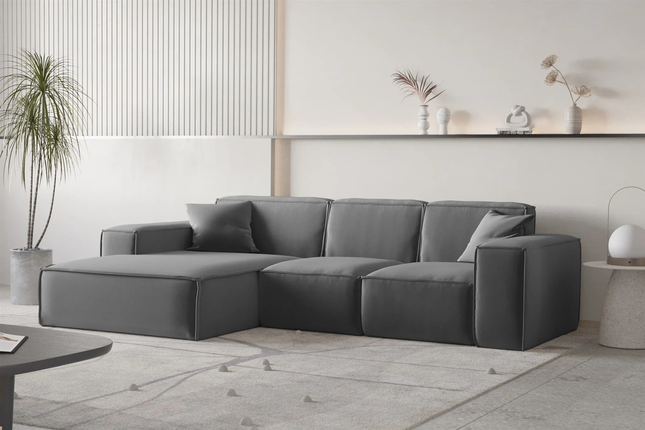 Ecksofa Designersofa CELES PREMIUM Stoff Opera Velvet Dunkelgrau Ottomane Links - Fun Moebel