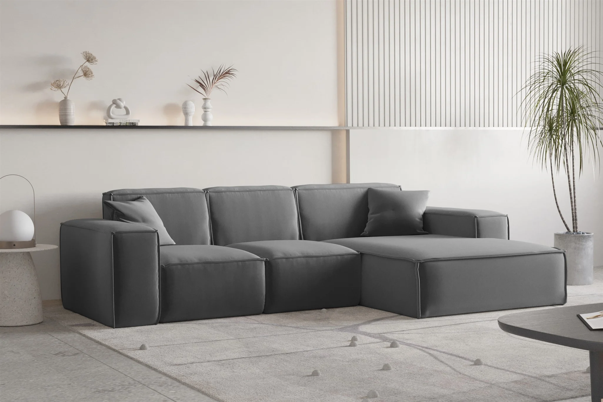 Ecksofa Designersofa CELES PREMIUM Stoff Opera Velvet Dunkelgrau Ottomane Rechts - Fun Moebel