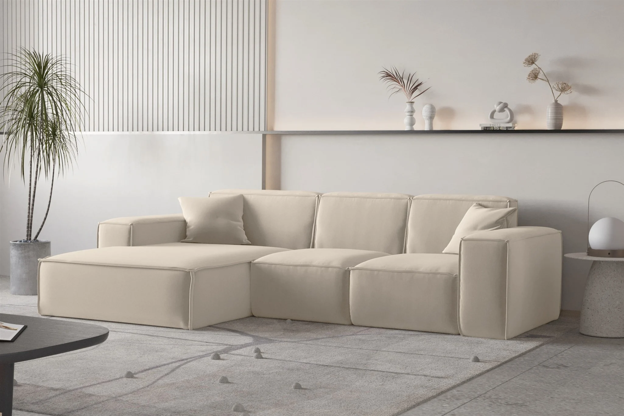 Ecksofa Designersofa CELES PREMIUM Stoff Opera Velvet Beige Ottomane Links - Fun Moebel