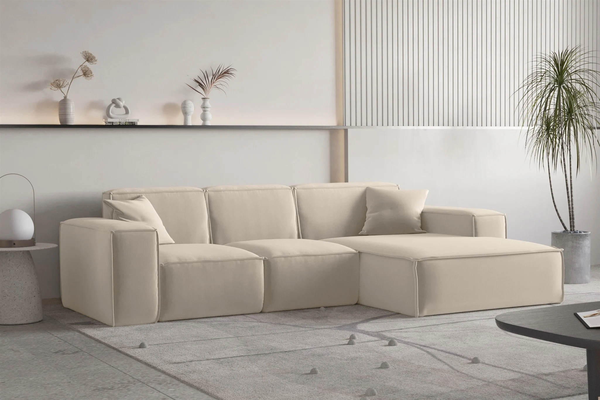 Ecksofa Designersofa CELES PREMIUM Stoff Opera Velvet Beige Ottomane Rechts - Fun Moebel