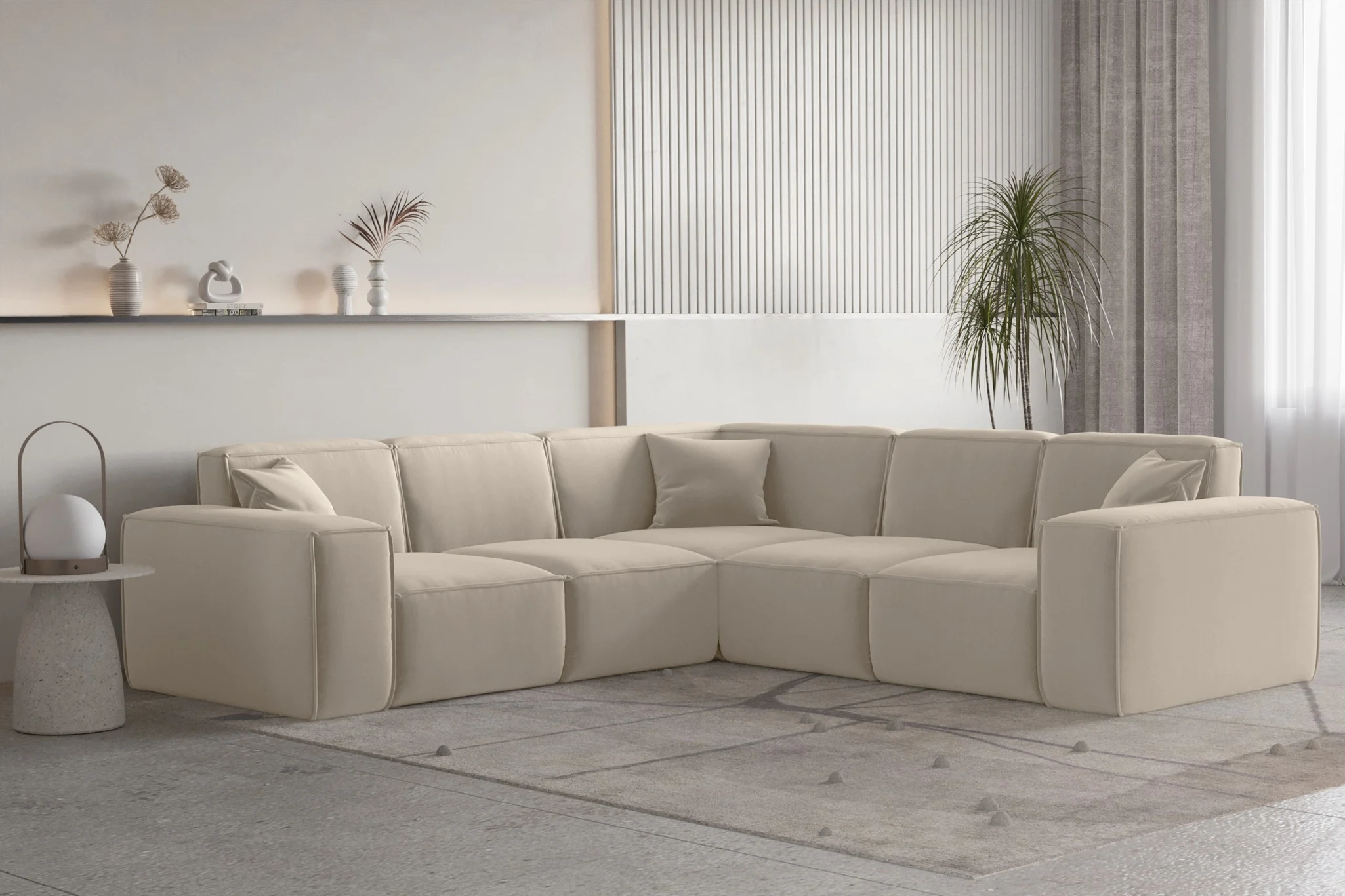 Ecksofa Designersofa CELES PREMIUM in Stoff Opera Velvet Beige Seite Universal - Fun Moebel