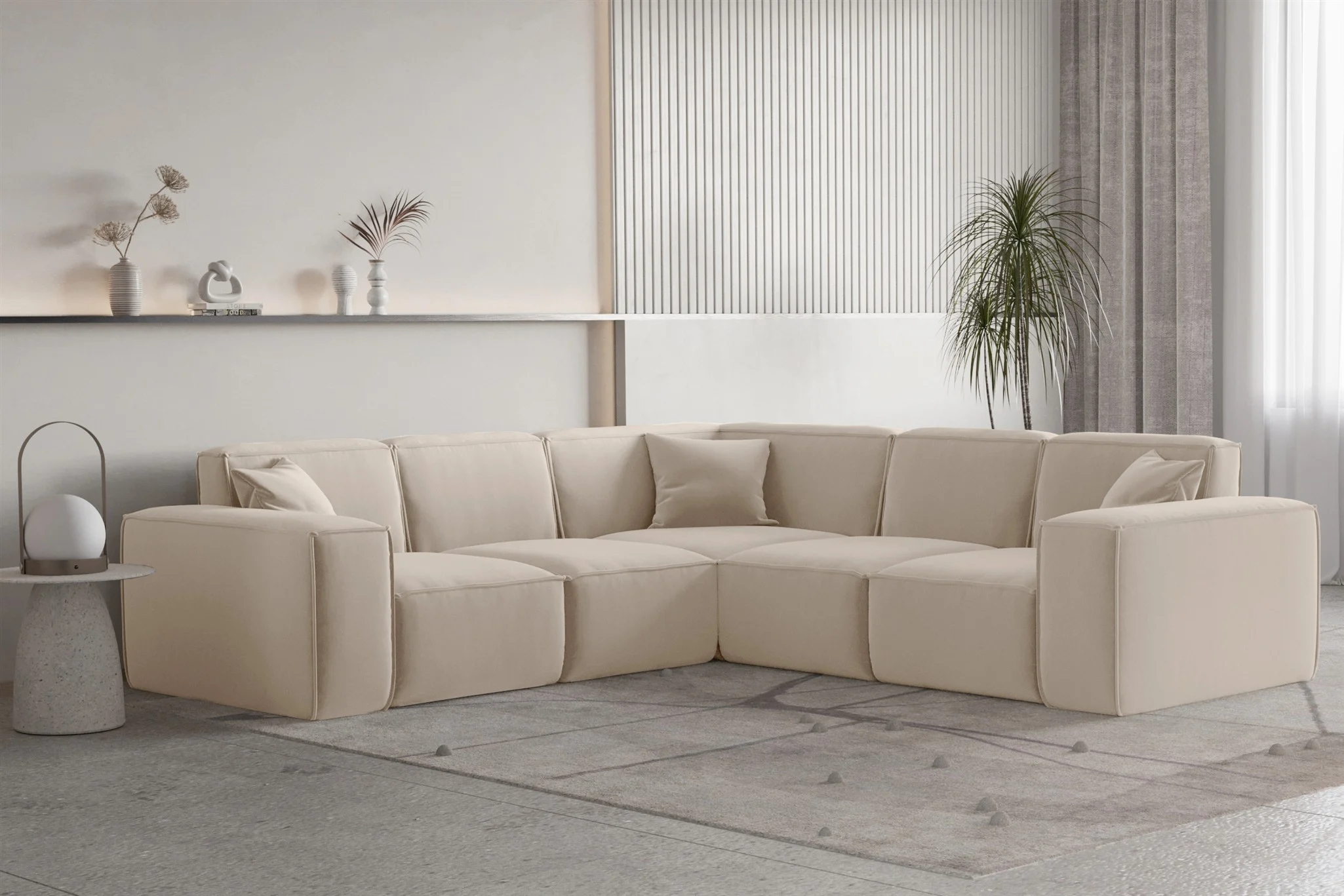 Ecksofa Designersofa CELES PREMIUM in Stoff Opera Velvet Sand Seite Universal - Fun Moebel
