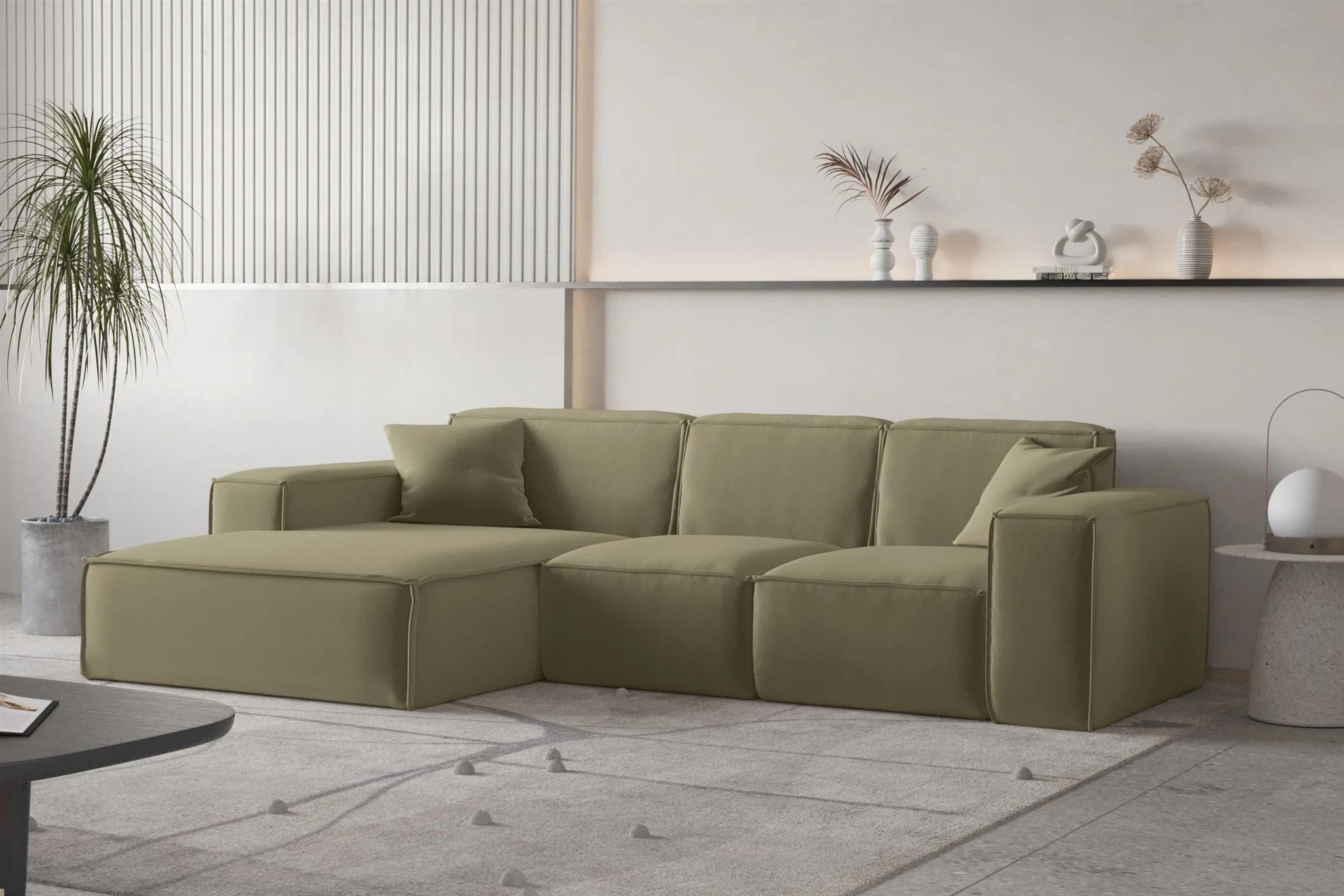 Ecksofa Designersofa CELES PREMIUM Stoff Opera Velvet Olivgrün Ottomane Links - Fun Moebel