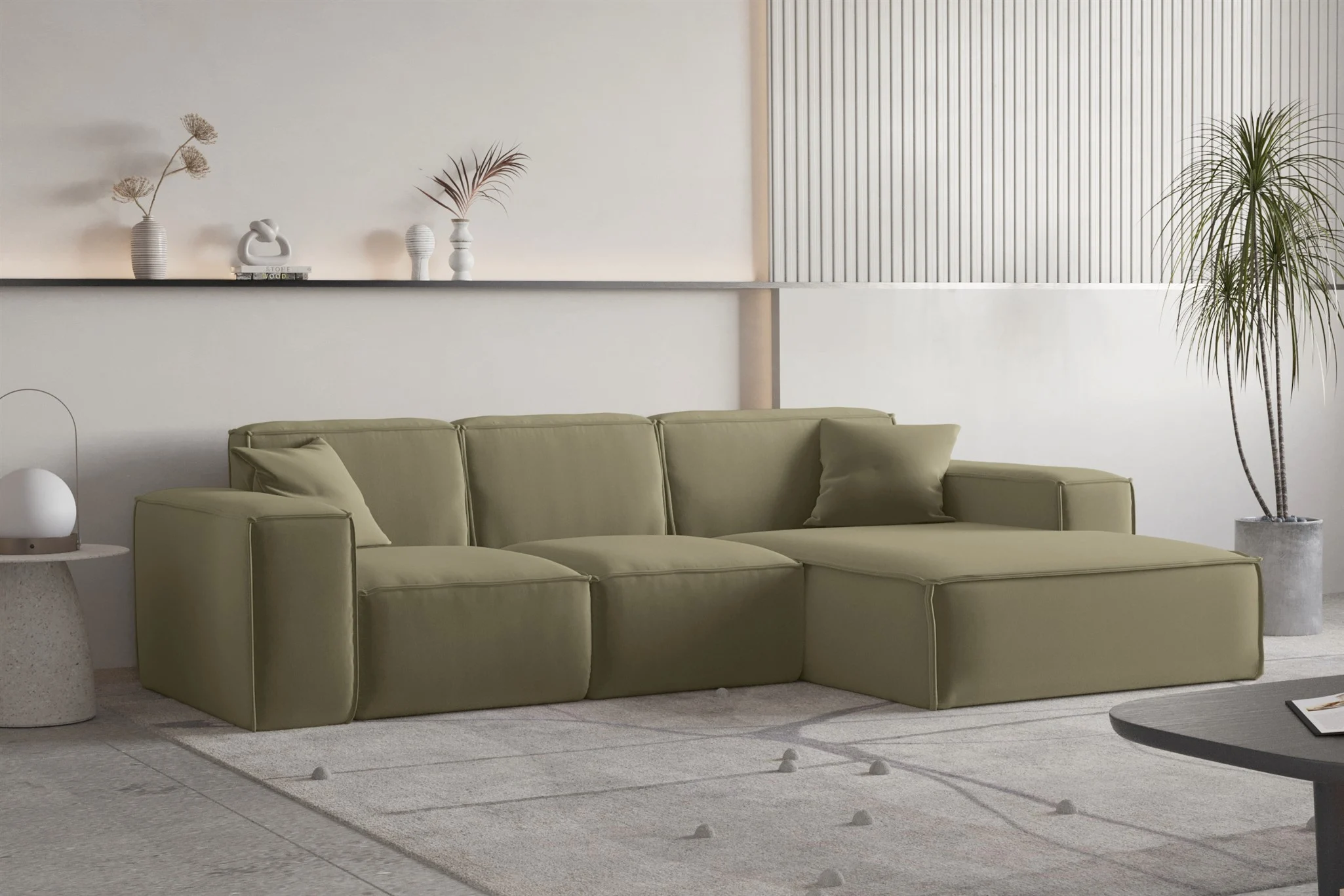 Ecksofa Designersofa CELES PREMIUM Stoff Opera Velvet Olivgrün Ottomane Rechts - Fun Moebel