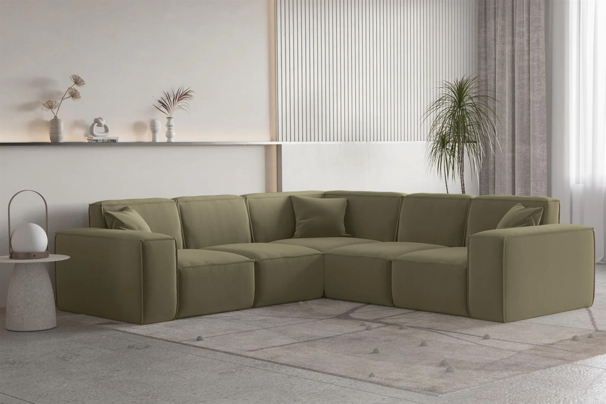 Ecksofa Designersofa CELES PREMIUM Stoff Opera Velvet Olivgrün Seite Universal - Fun Moebel