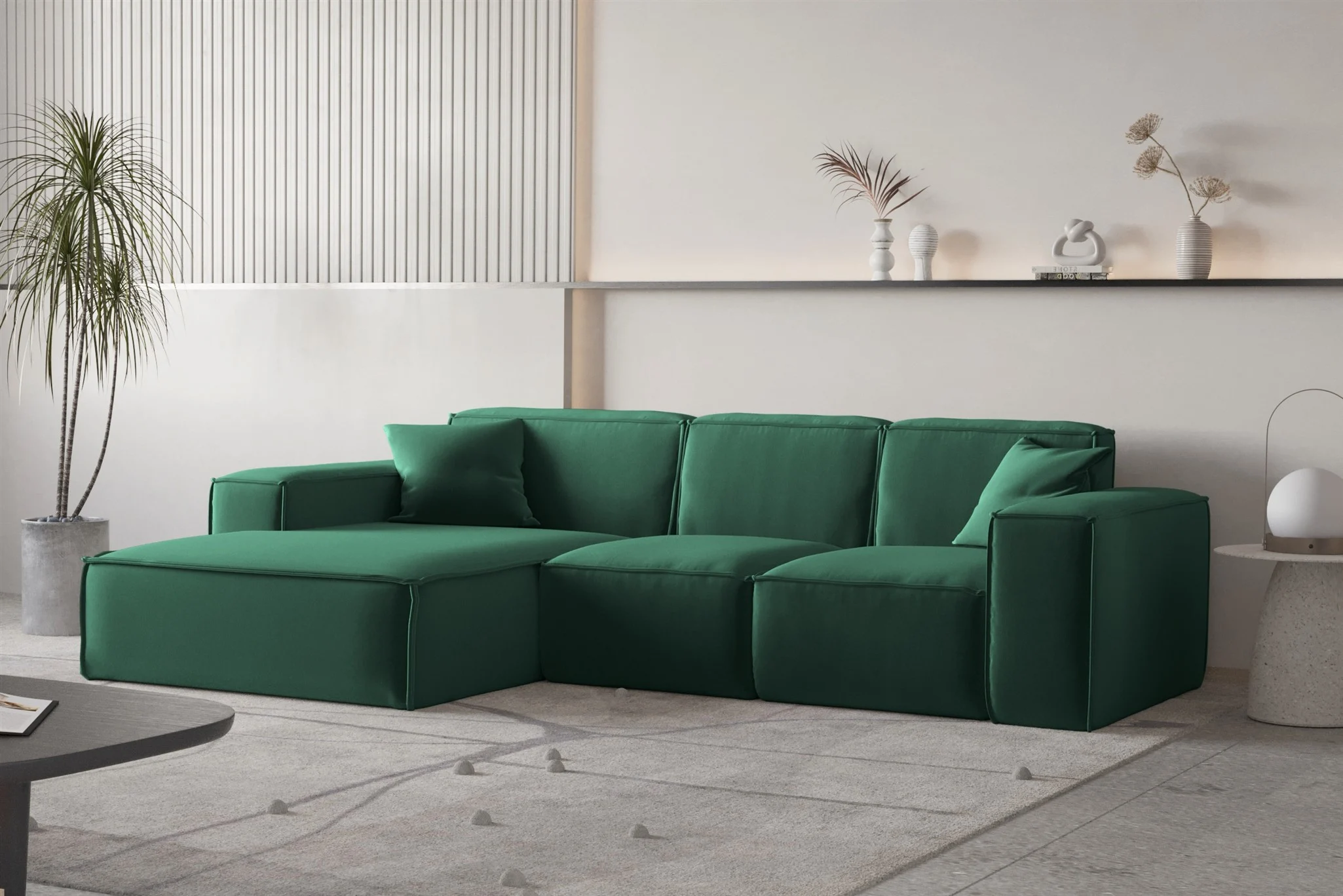 Ecksofa Designersofa CELES PREMIUM Stoff Opera Velvet Grün Ottomane Links - Fun Moebel