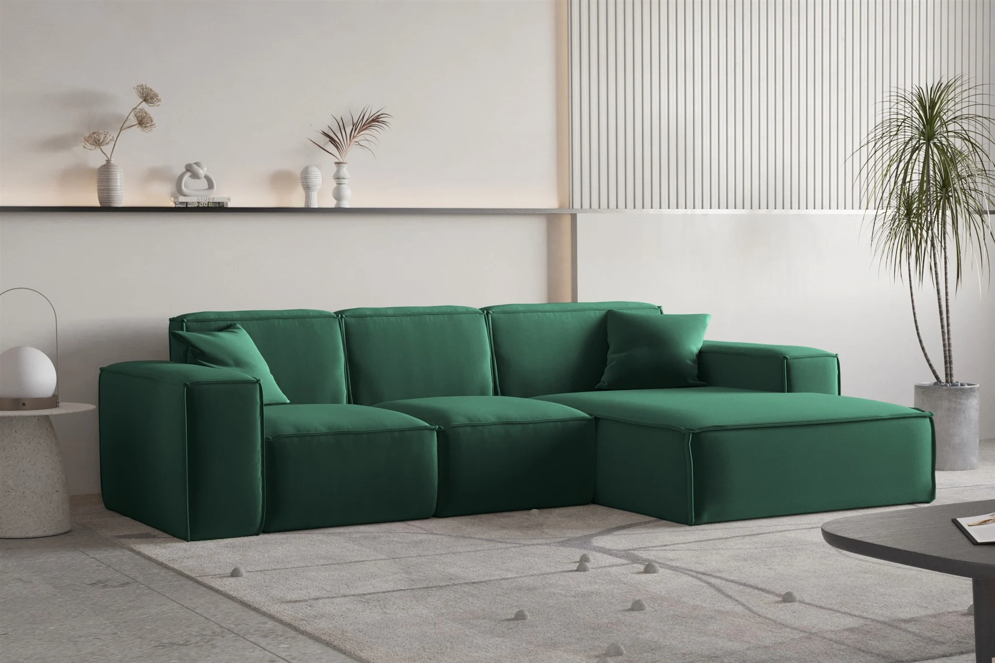 Ecksofa Designersofa CELES PREMIUM Stoff Opera Velvet Grün Ottomane Rechts - Fun Moebel