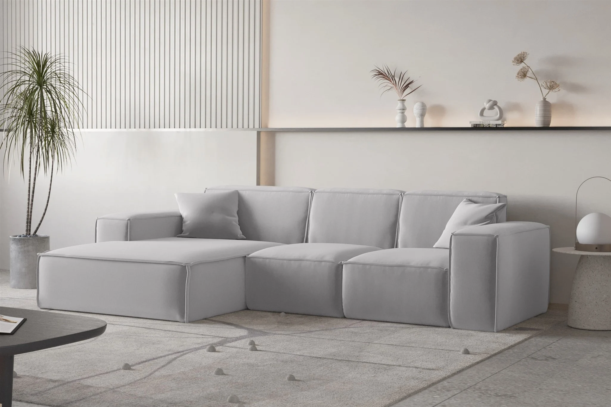 Ecksofa Designersofa CELES PREMIUM Stoff Opera Velvet Hellgrau Ottomane Links - Fun Moebel