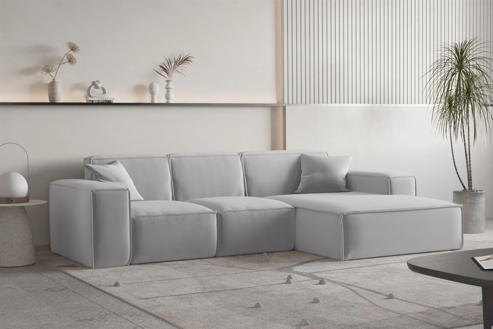 Ecksofa Designersofa CELES PREMIUM Stoff Opera Velvet Hellgrau Ottomane Rechts - Fun Moebel