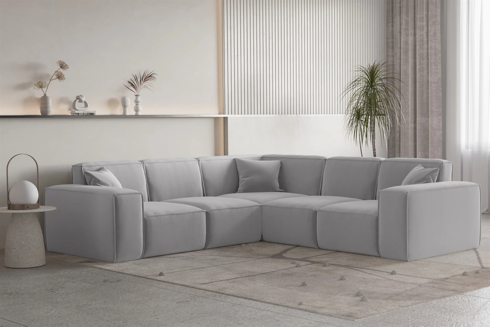 Ecksofa Designersofa CELES PREMIUM Stoff Opera Velvet Hellgrau Seite Universal - Fun Moebel