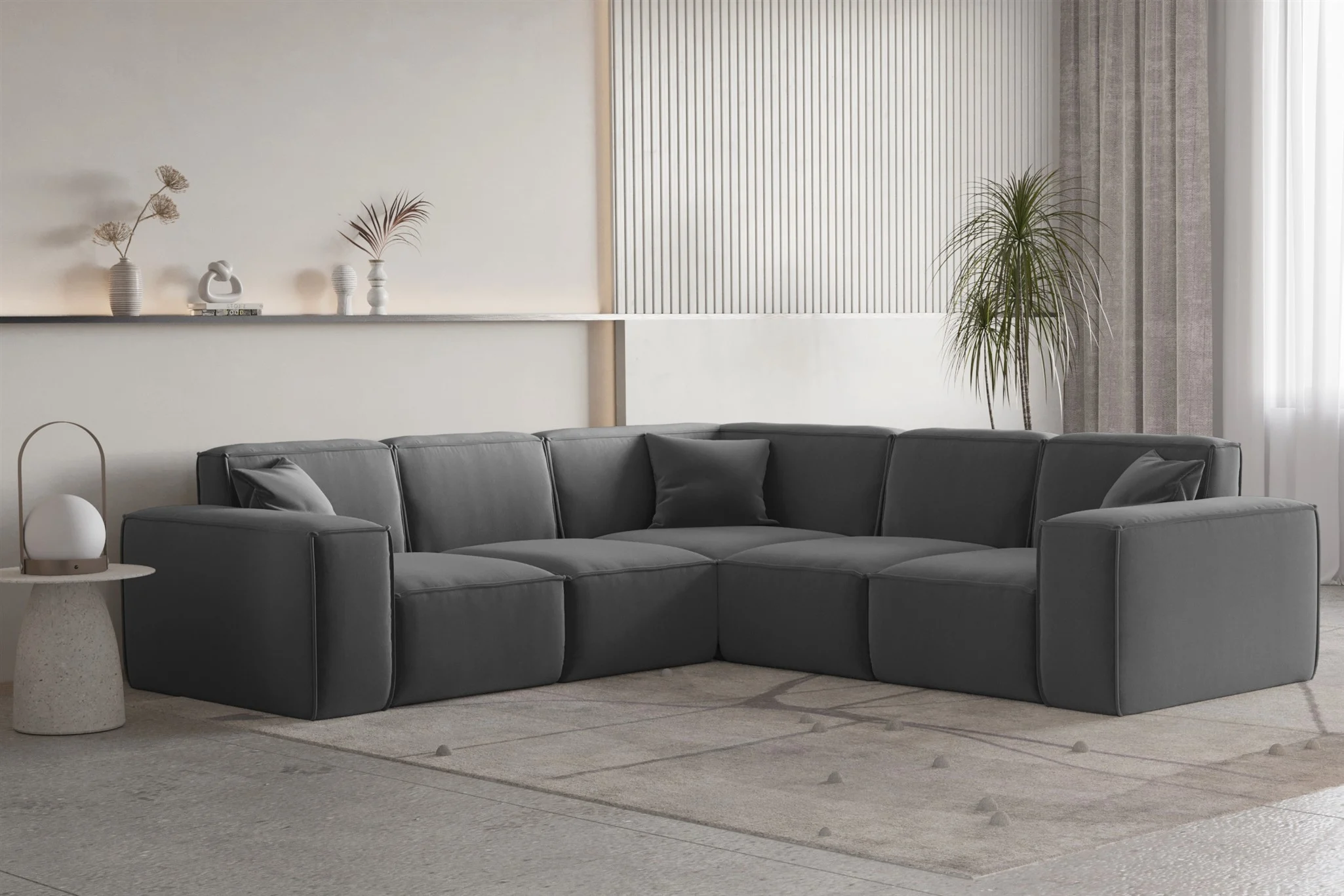 Ecksofa Designersofa CELES PREMIUM Stoff Opera Velvet Dunkelgrau Seite Universal - Fun Moebel