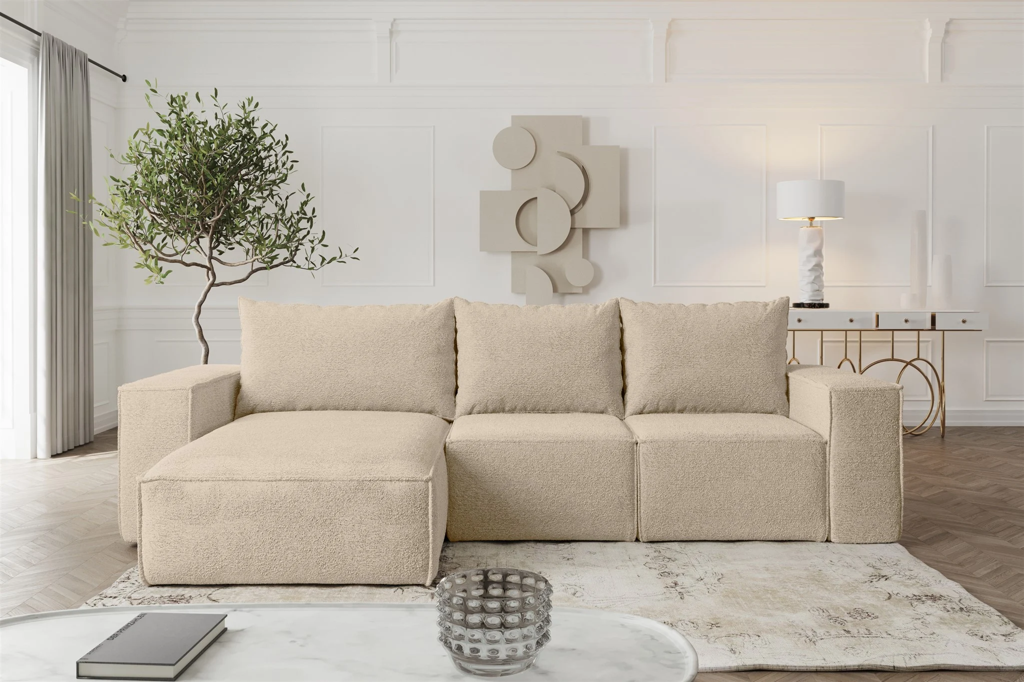Ecksofa Sofa mit Schlaffunktion ESTELLE in Stoff Abriamo Beige Ottomane Links - Fun Möbel