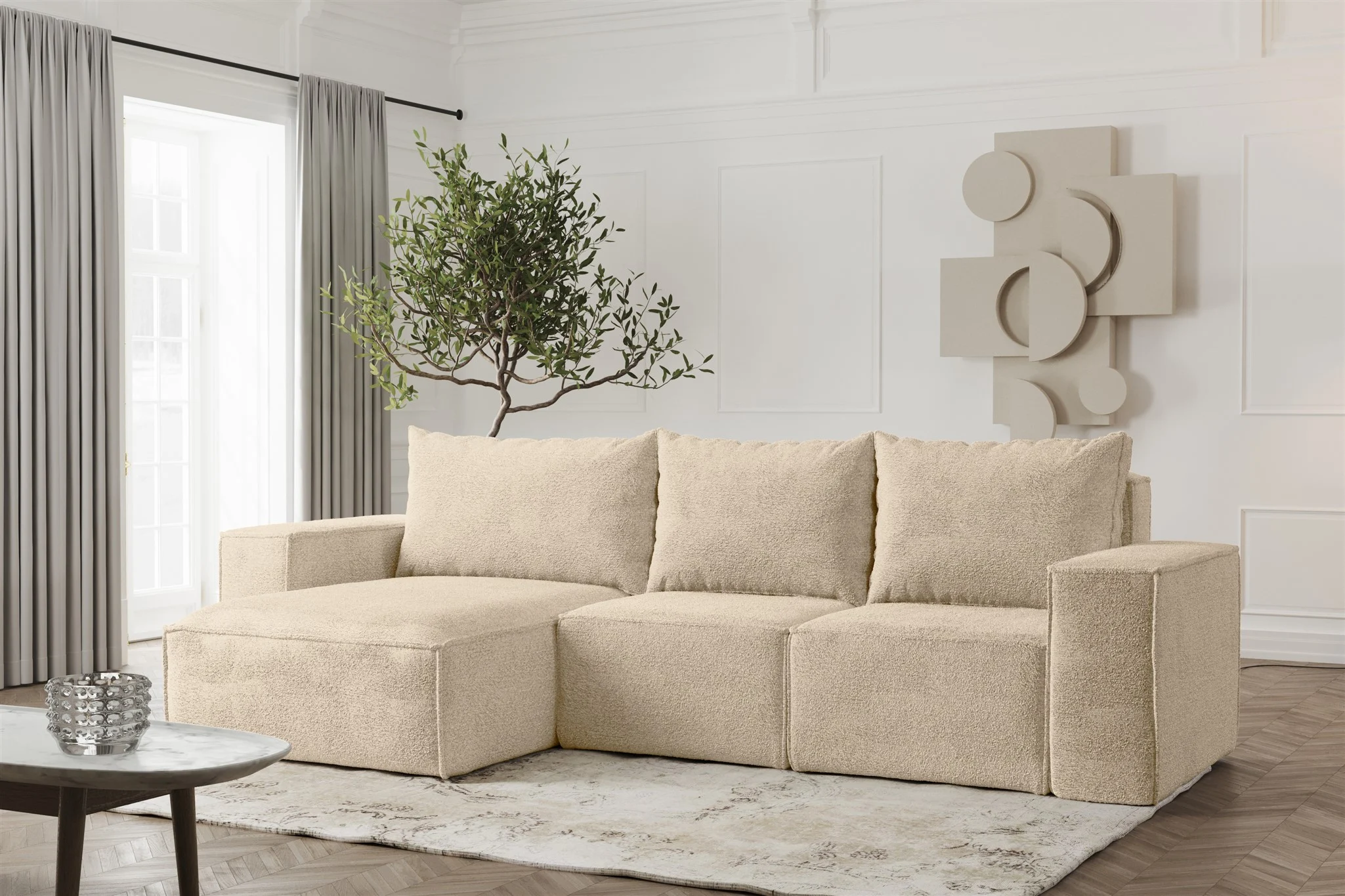 Ecksofa Designersofa ESTELLE in Stoff Abriamo Beige Ottomane Links - Fun Möbel
