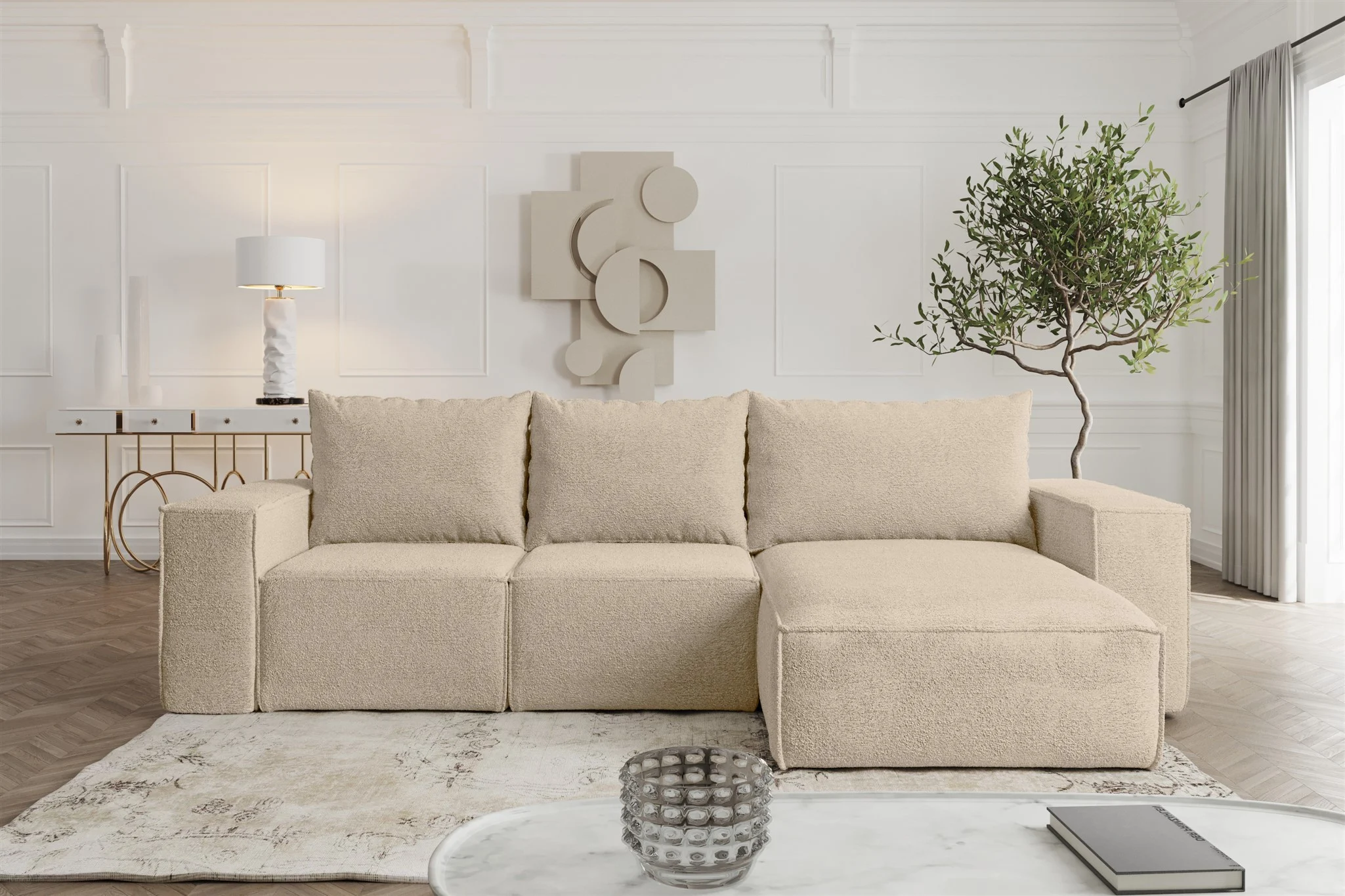 Ecksofa Sofa mit Schlaffunktion ESTELLE in Stoff Abriamo Beige Ottomane Rechts - Fun Möbel