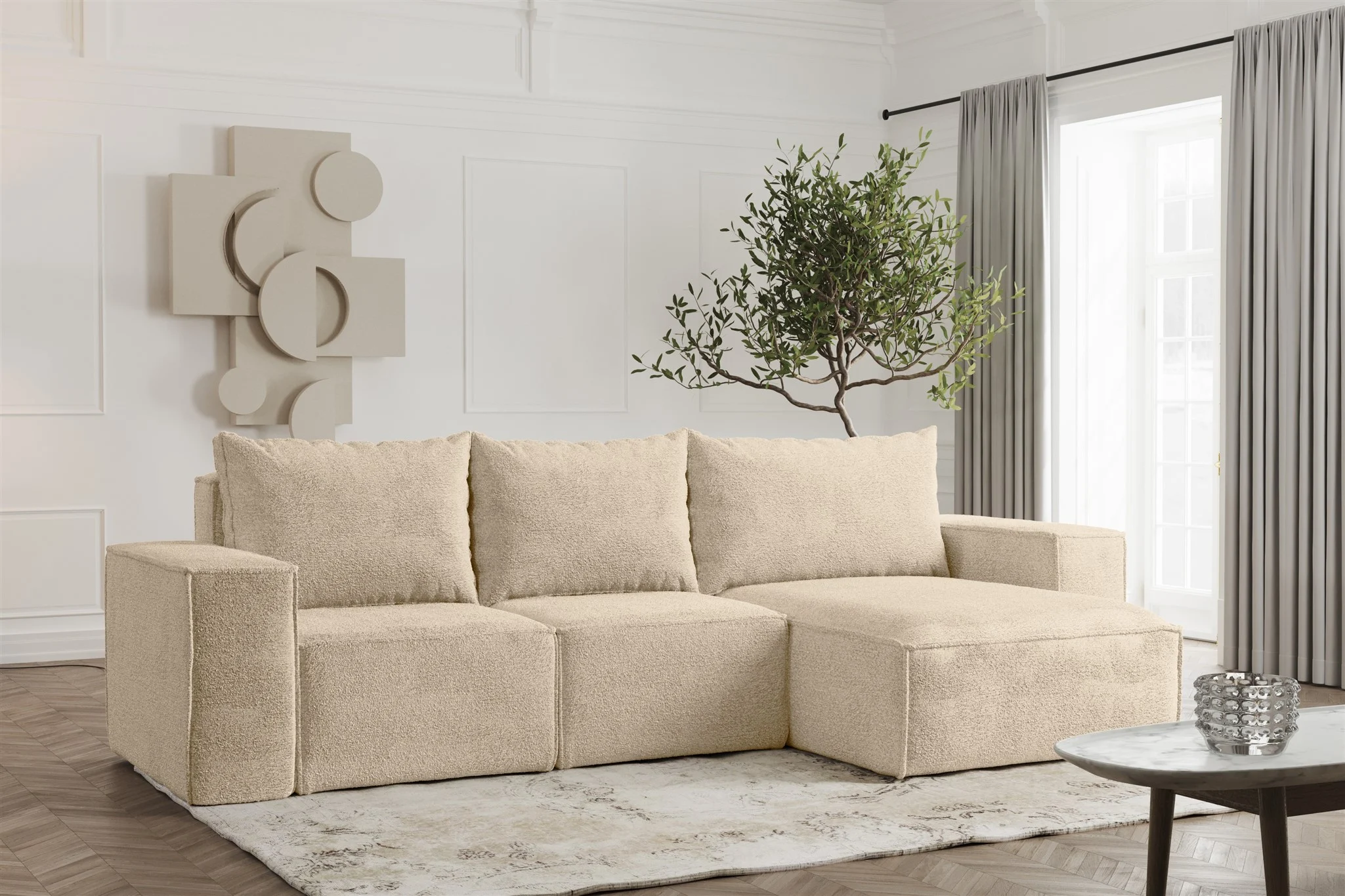 Ecksofa Designersofa ESTELLE in Stoff Abriamo Beige Ottomane Rechts - Fun Möbel
