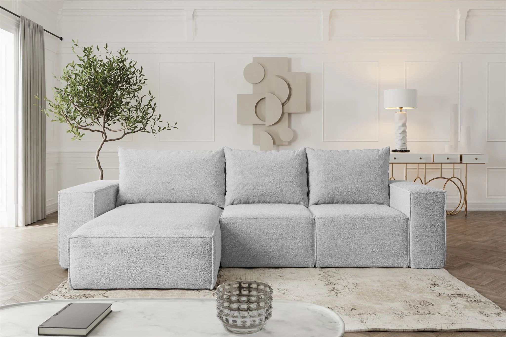 Ecksofa Sofa mit Schlaffunktion ESTELLE in Stoff Abriamo Hellgrau Ottomane Links - Fun Möbel
