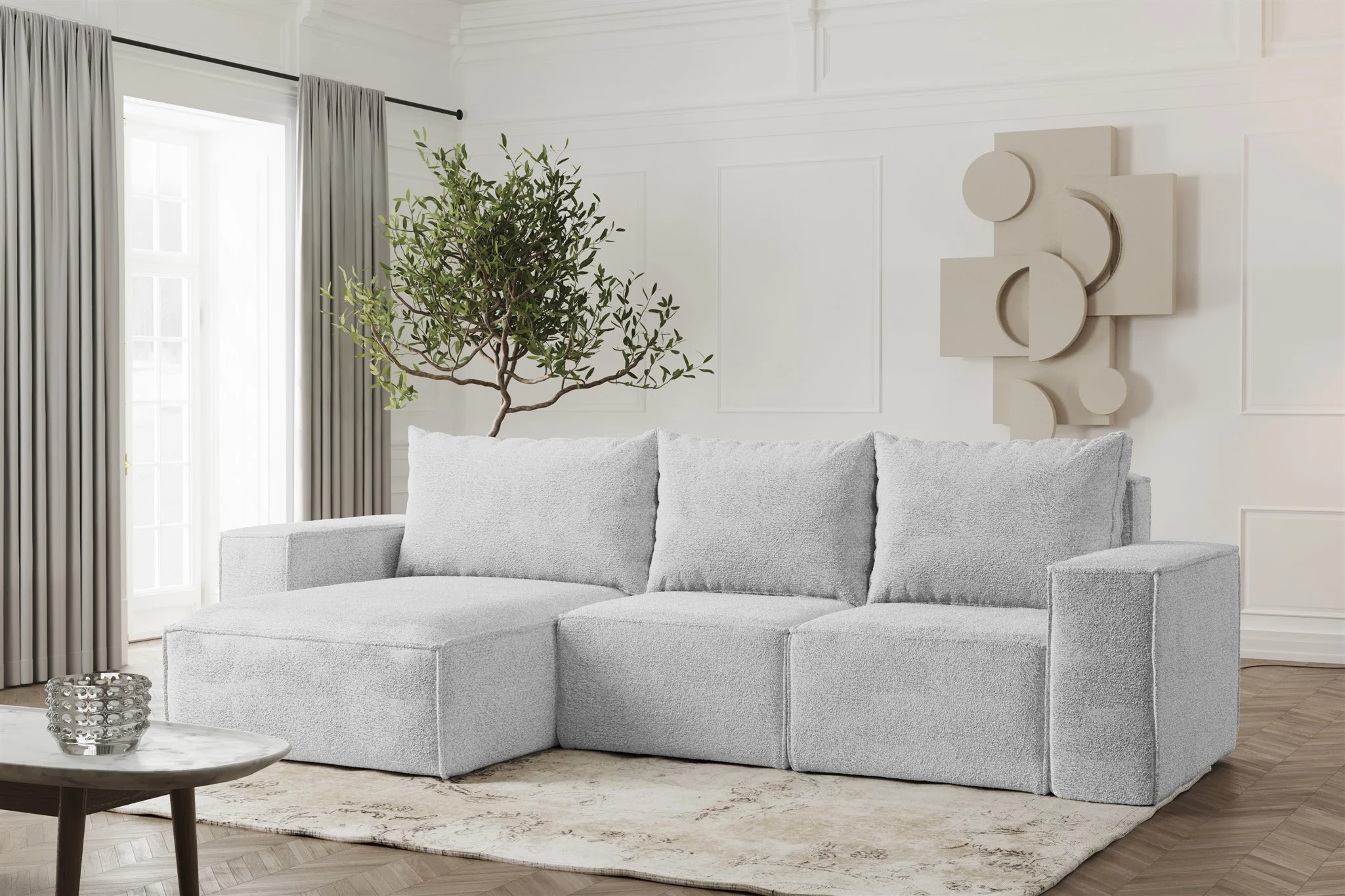 Ecksofa Designersofa ESTELLE in Stoff Abriamo Hellgrau Ottomane Links - Fun Möbel