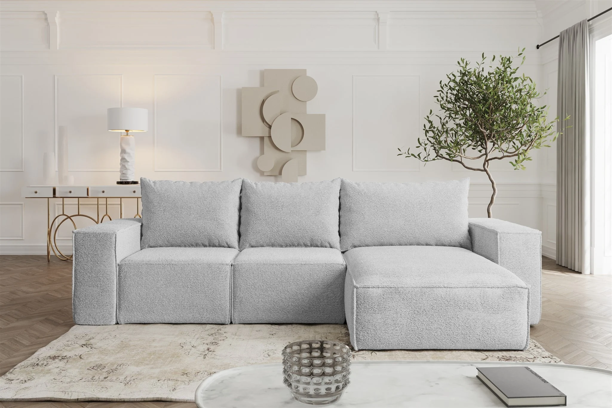 Ecksofa Sofa mit Schlaffunktion ESTELLE Stoff Abriamo Hellgrau Ottomane Rechts - Fun Möbel