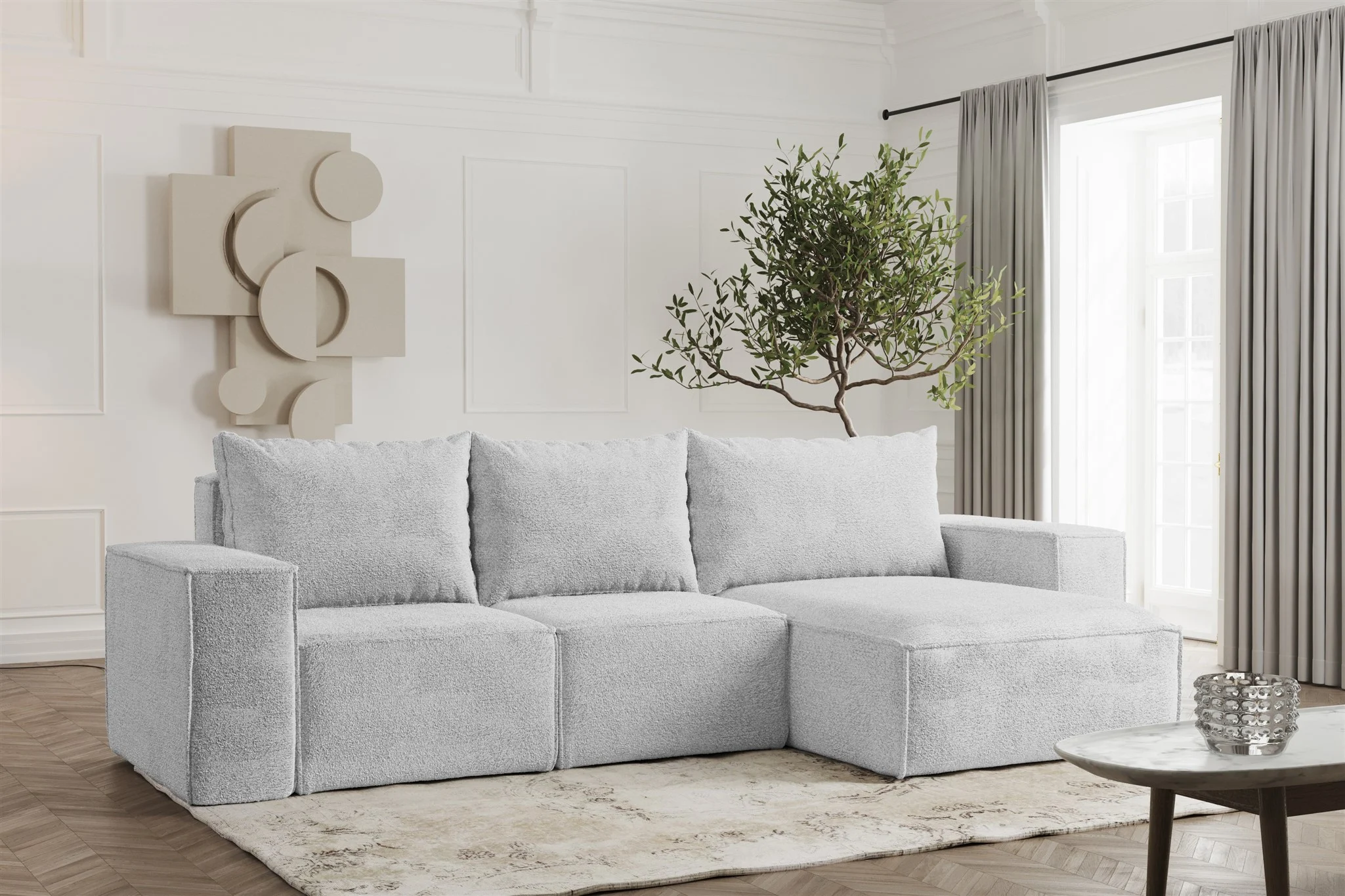 Ecksofa Designersofa ESTELLE in Stoff Abriamo Hellgrau Ottomane Rechts - Fun Möbel