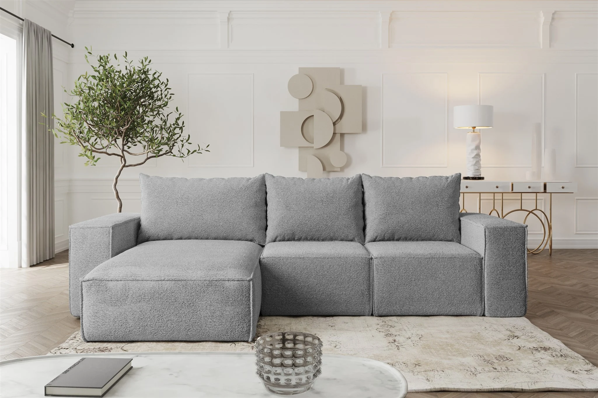 Ecksofa Sofa mit Schlaffunktion ESTELLE in Stoff Abriamo Grau Ottomane Links - Fun Möbel