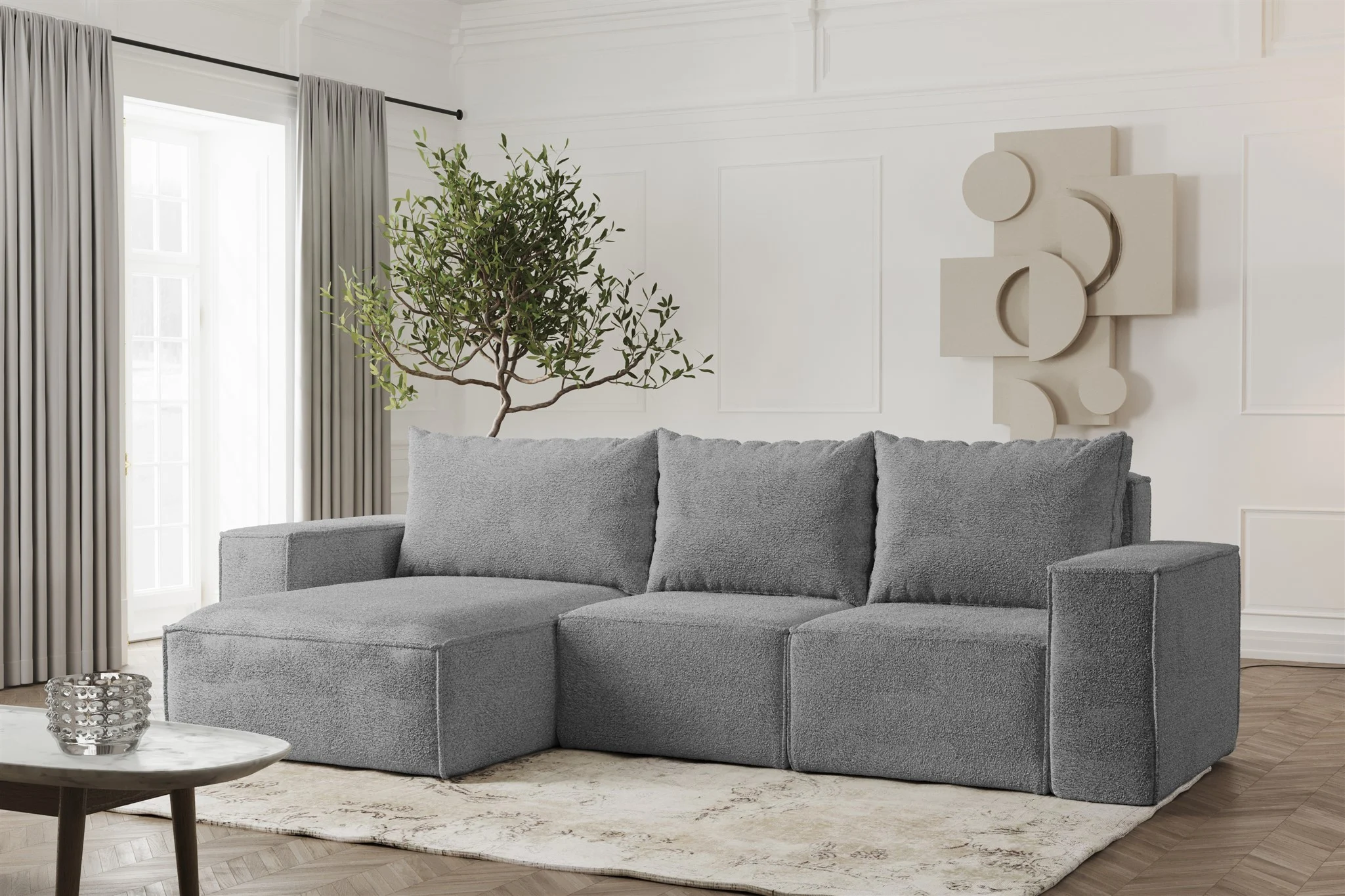 Ecksofa Designersofa ESTELLE in Stoff Abriamo Grau Ottomane Links - Fun Möbel