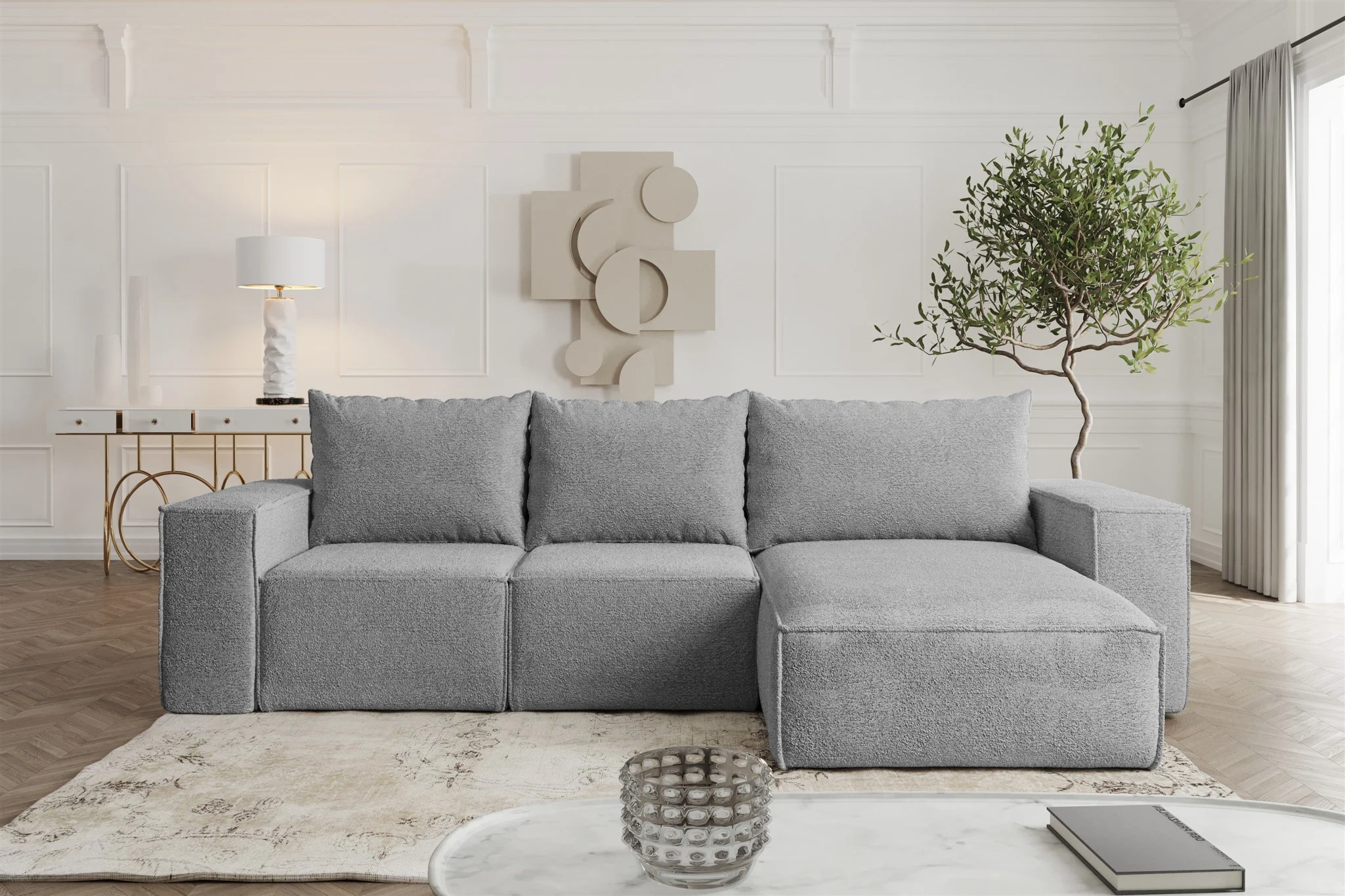 Ecksofa Sofa mit Schlaffunktion ESTELLE in Stoff Abriamo Grau Ottomane Rechts - Fun Möbel